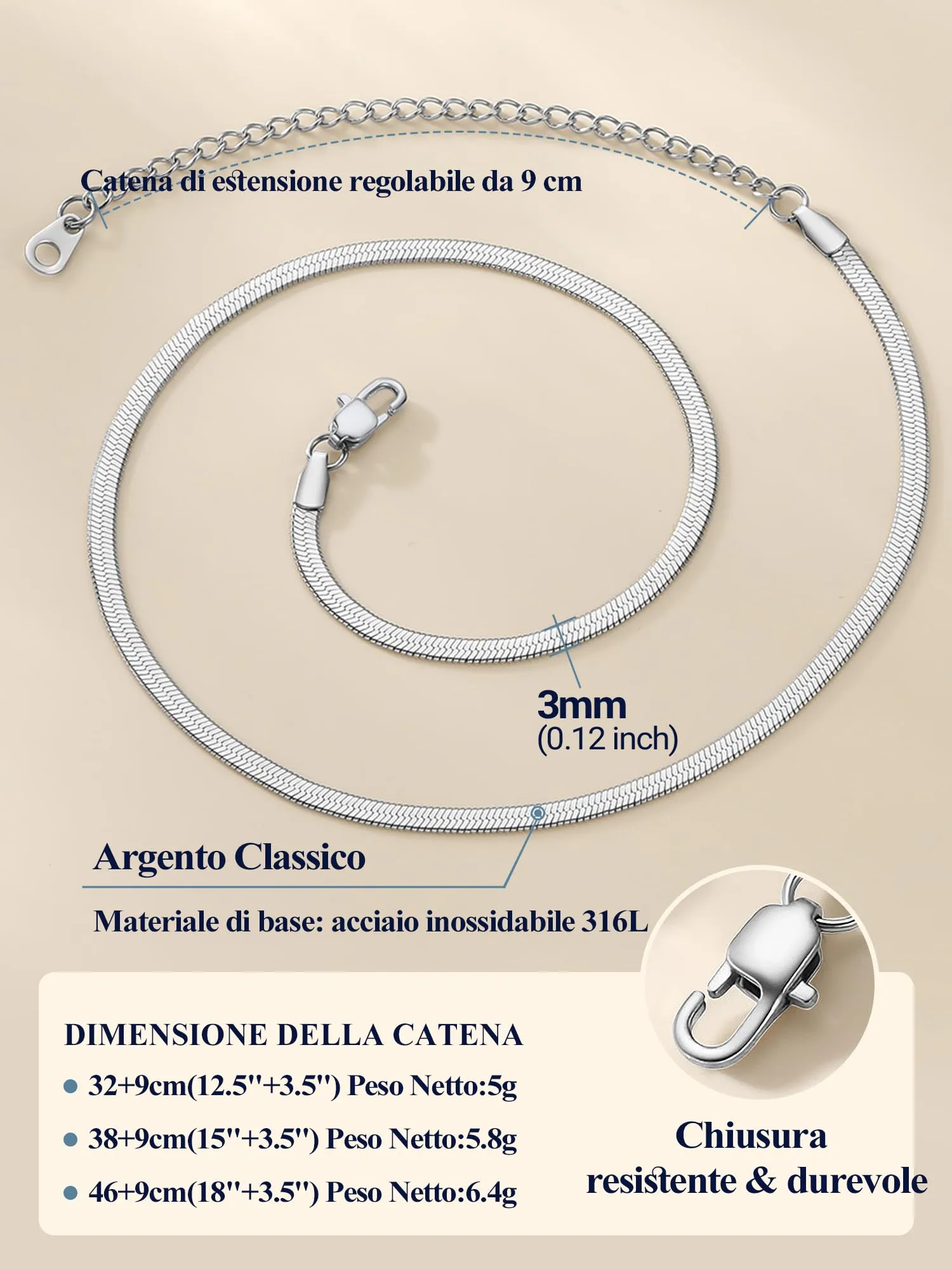PROSTEEL Collana a Girocollo Donna a Catena Serpente Piatta 3 mm, Acciaio Inossidabile, Argento, 38-47 cm - immagine 4