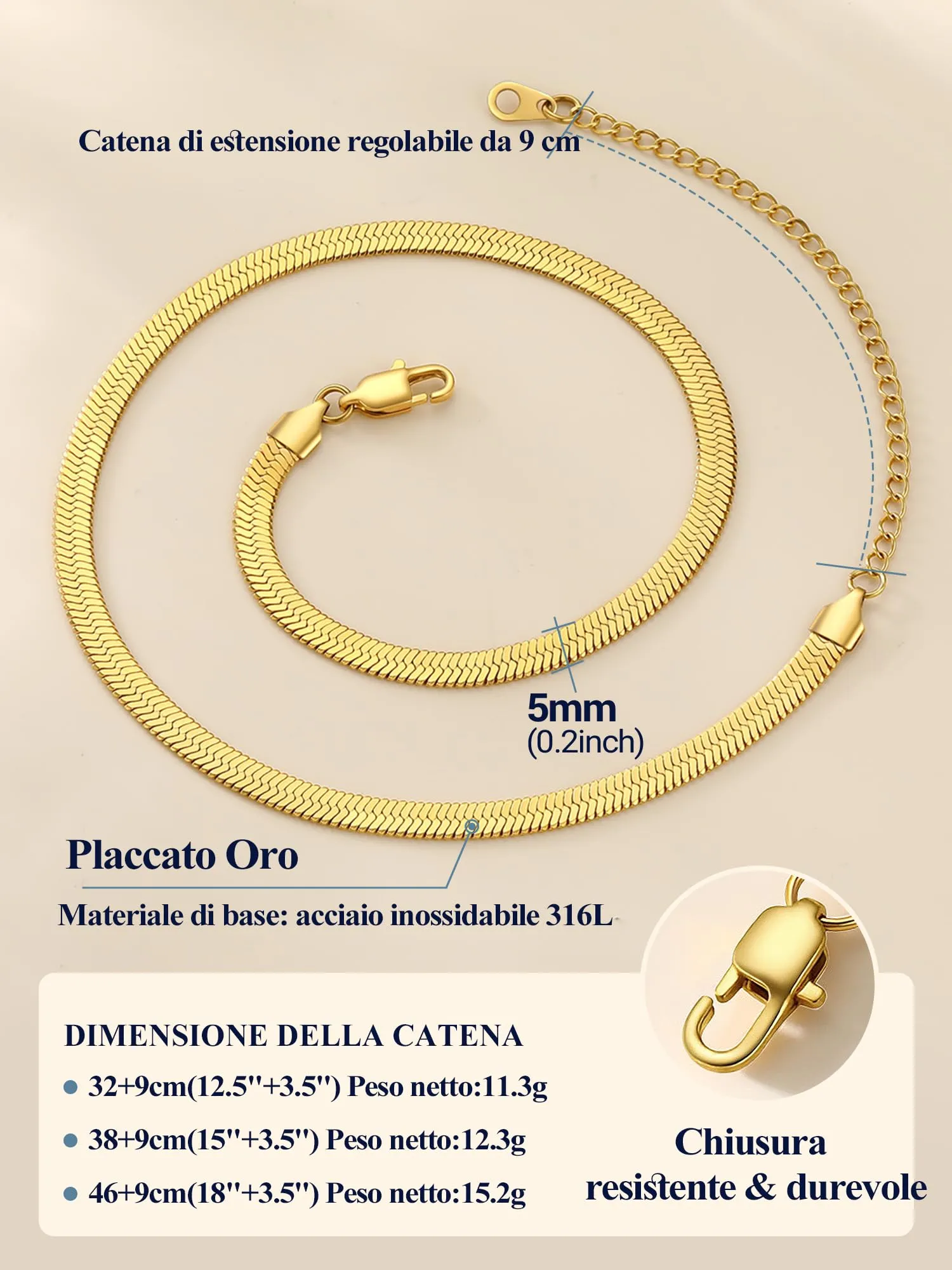 PROSTEEL Collana a Girocollo Donna a Catena Serpente Piatta 5 mm, Acciaio Placcato Oro, Lunghezza Regolabile 32-41 cm - immagine 5