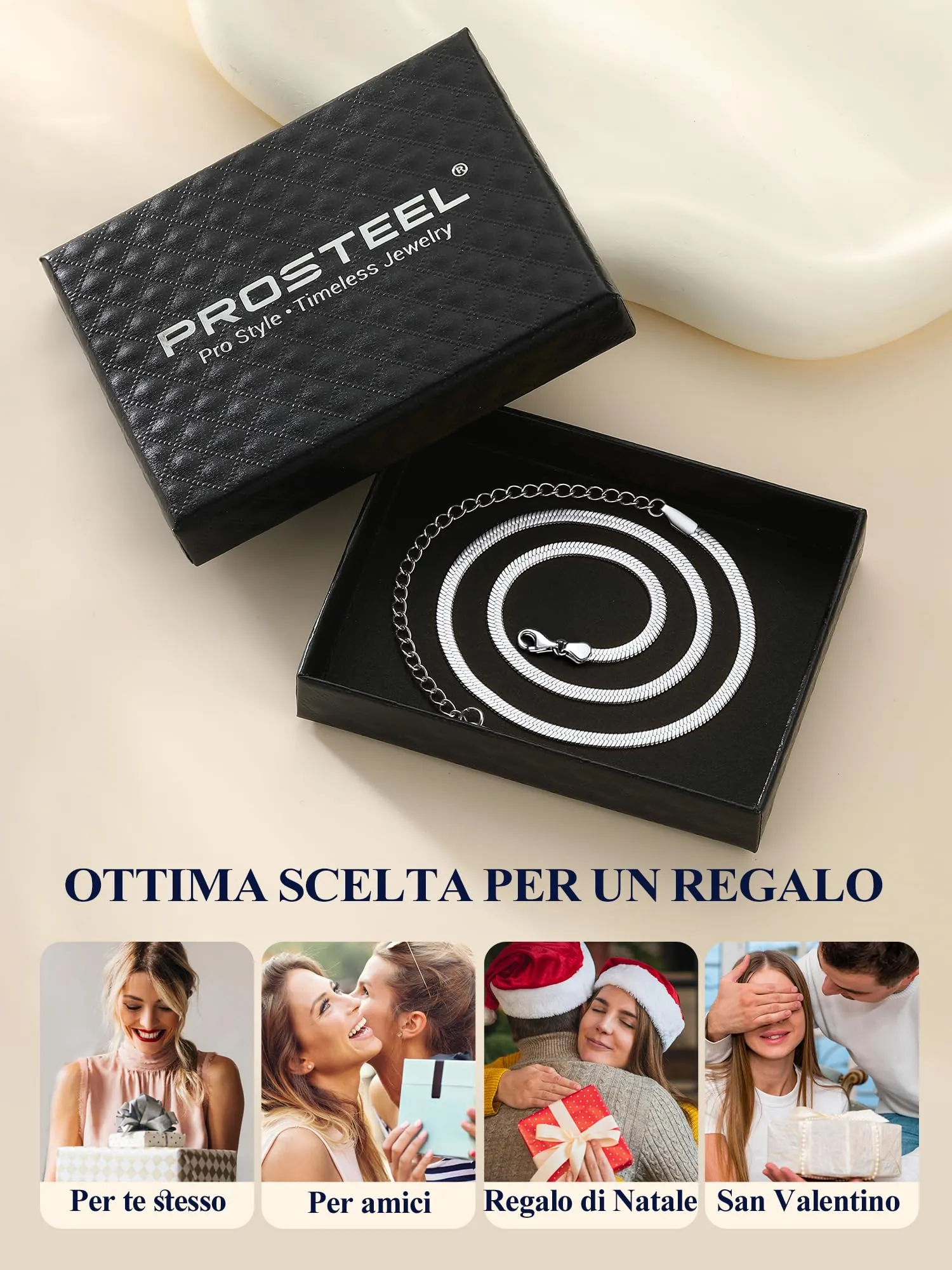 PROSTEEL Collana Girocollo a Catena Serpente Piatta 3 mm, Acciaio Inossidabile, Argento, 32-41 cm - immagine 6