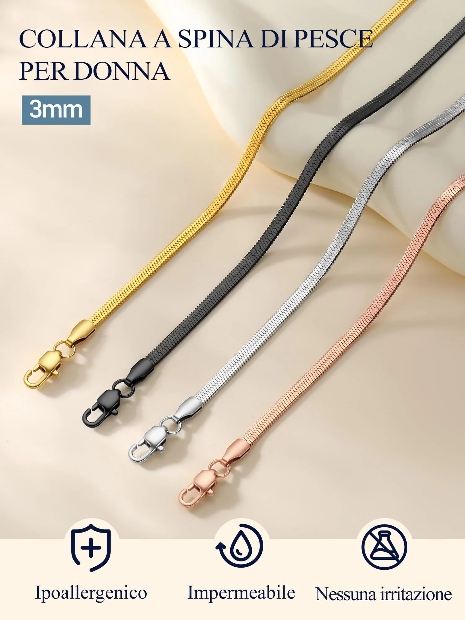 PROSTEEL Collana Girocollo a Catena Serpente Piatta 3 mm, Acciaio Inossidabile, Argento, 32-41 cm - immagine 7