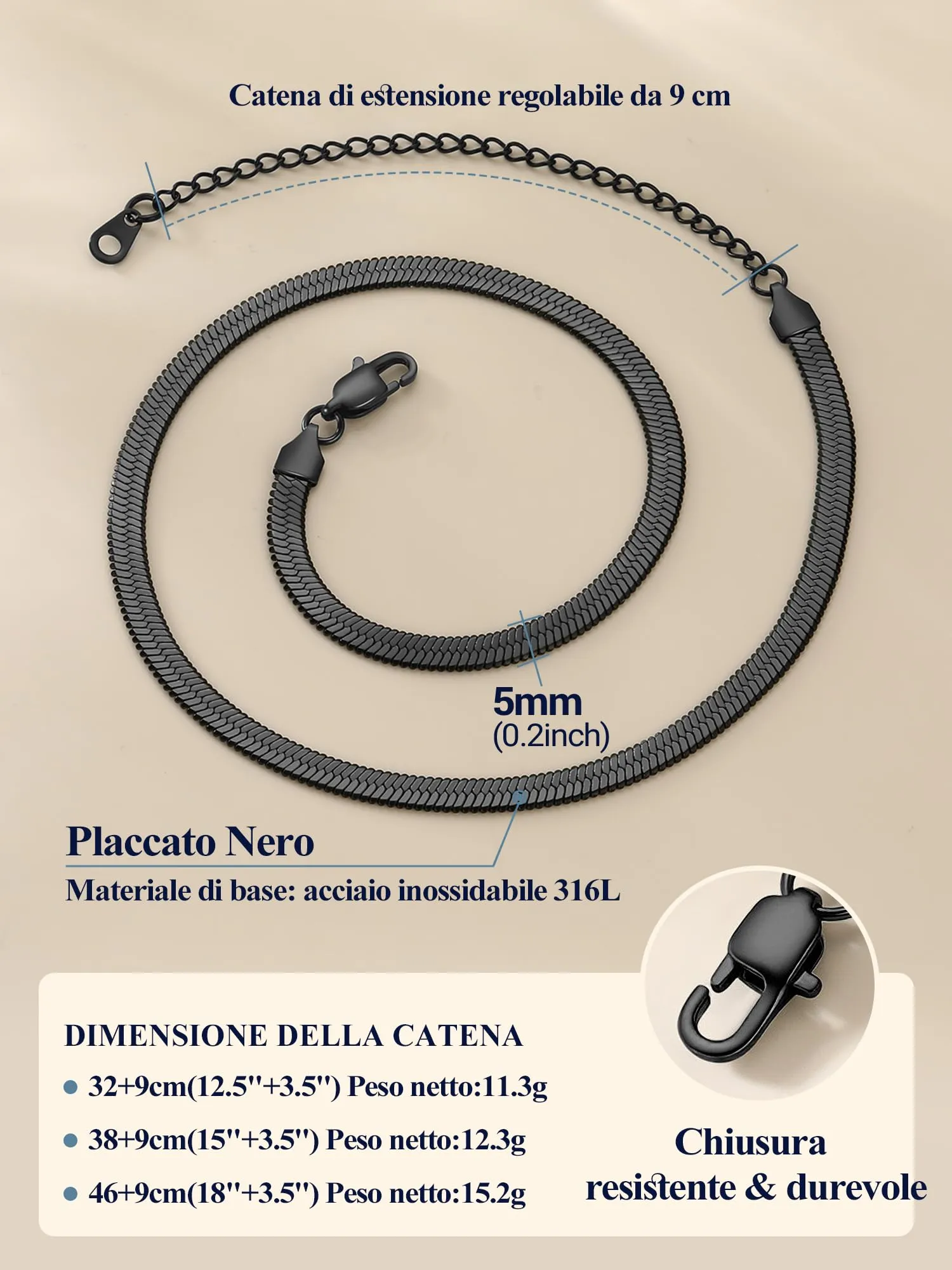 PROSTEEL Collana Girocollo Donna Catena Serpente Piatta Nera 5mm 38cm - immagine 6