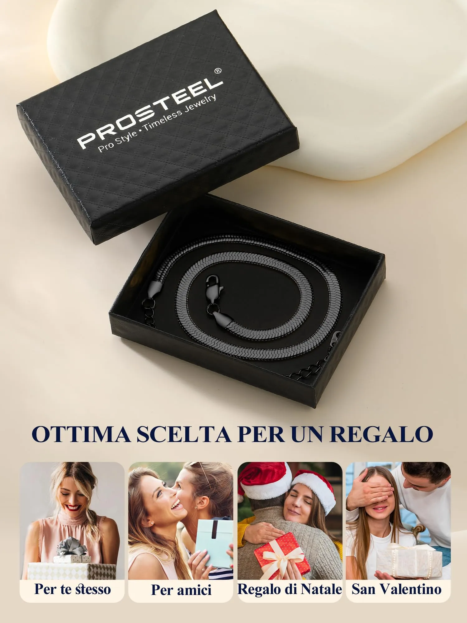 PROSTEEL Collana Girocollo Donna Catena Serpente Piatta Nera 5mm 38cm - immagine 7