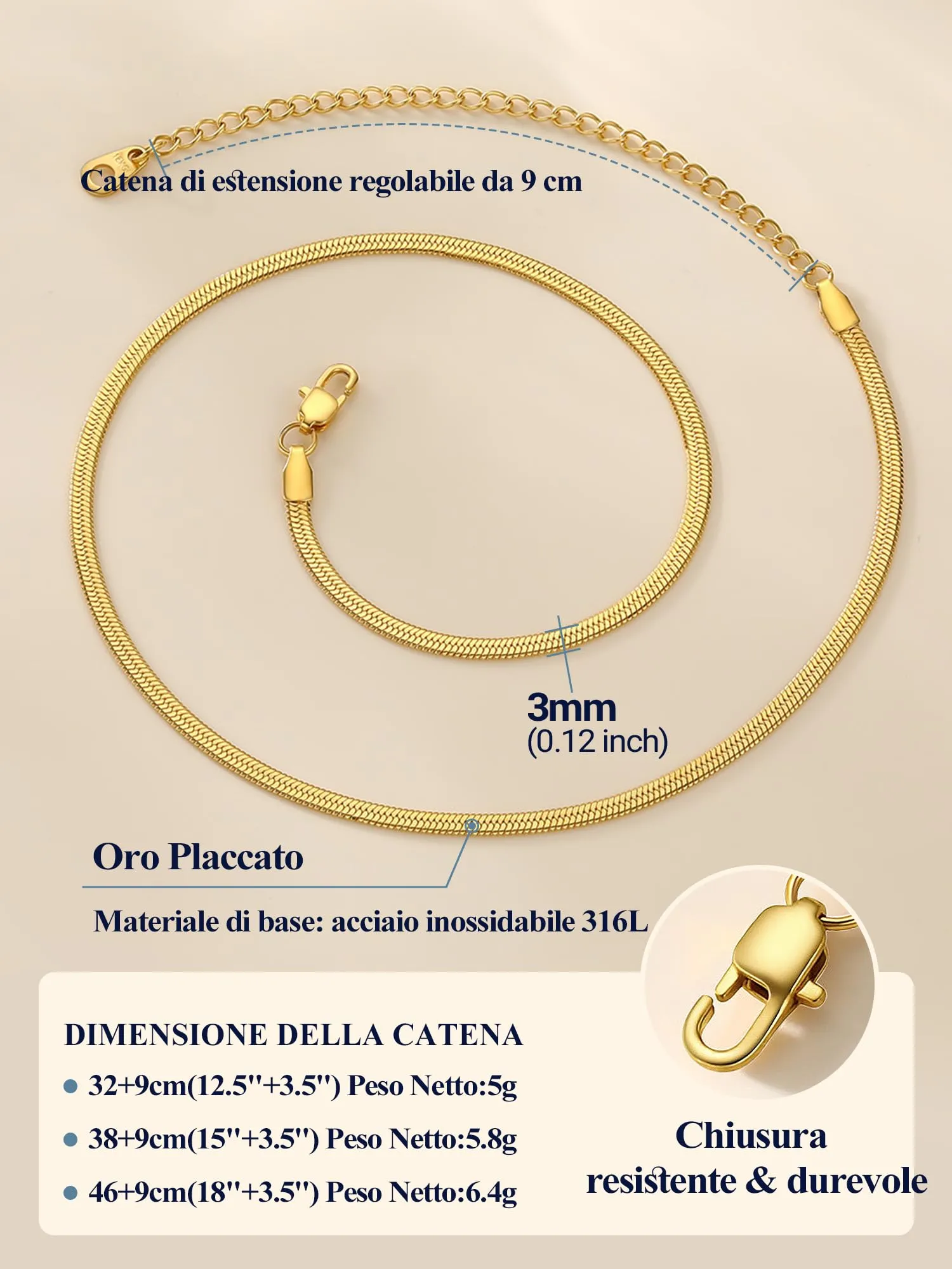 PROSTEEL Collana a Catena Serpente Piatta 3 mm, 46 cm, Oro Placcato - immagine 6