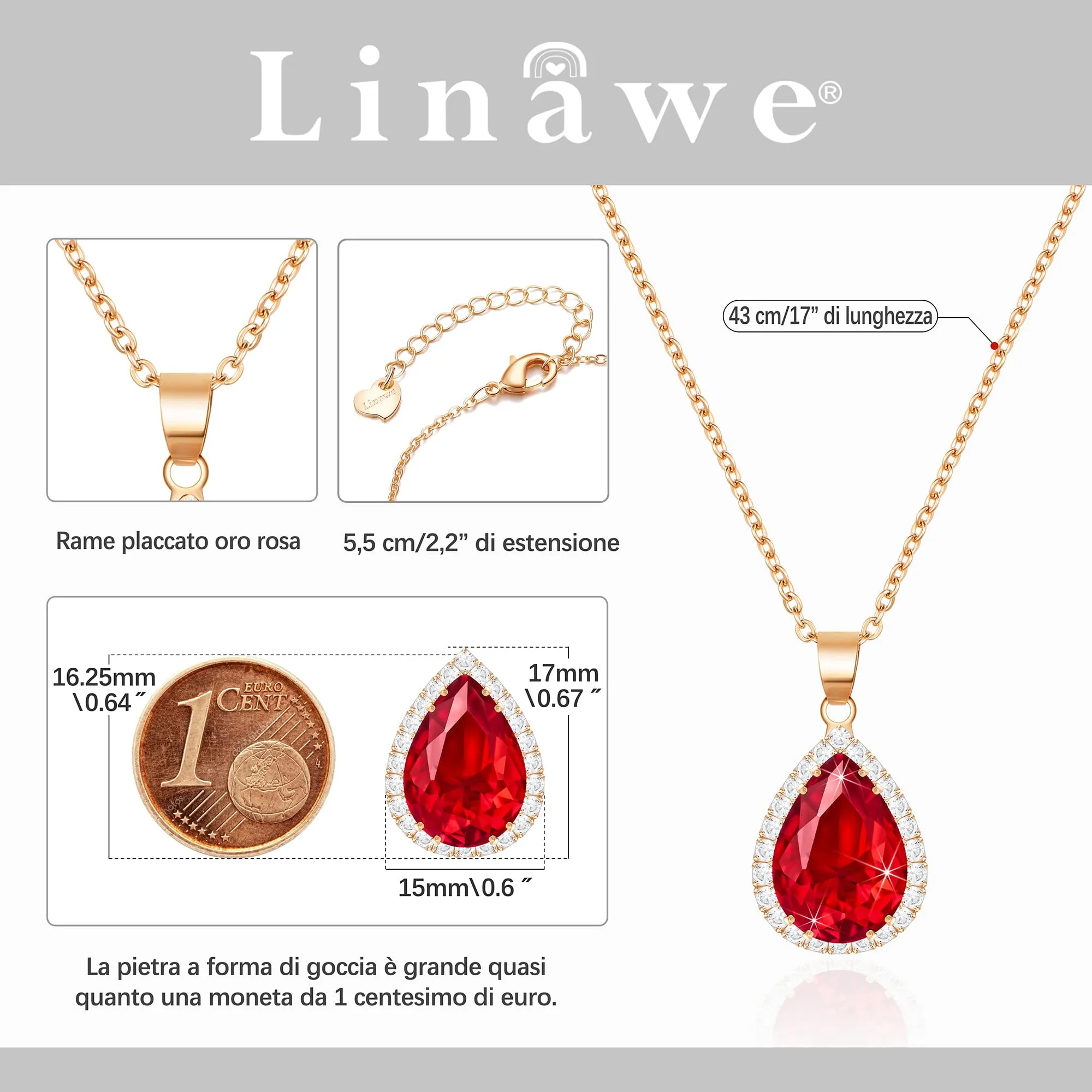 Linawe Collana con ciondolo in cristallo rubino rosso e oro rosa per donna - immagine 2