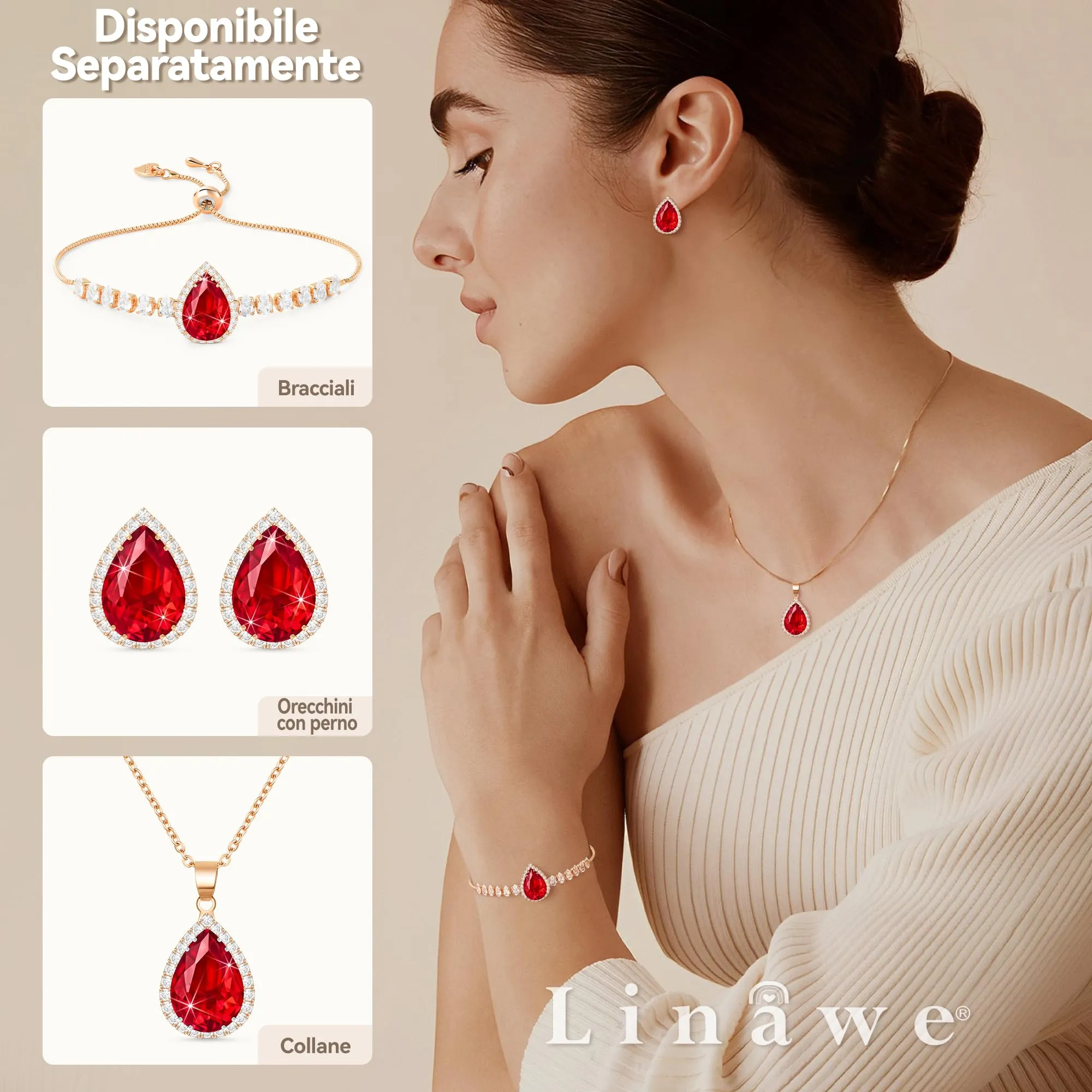 Linawe Collana con ciondolo in cristallo rubino rosso e oro rosa per donna - immagine 4
