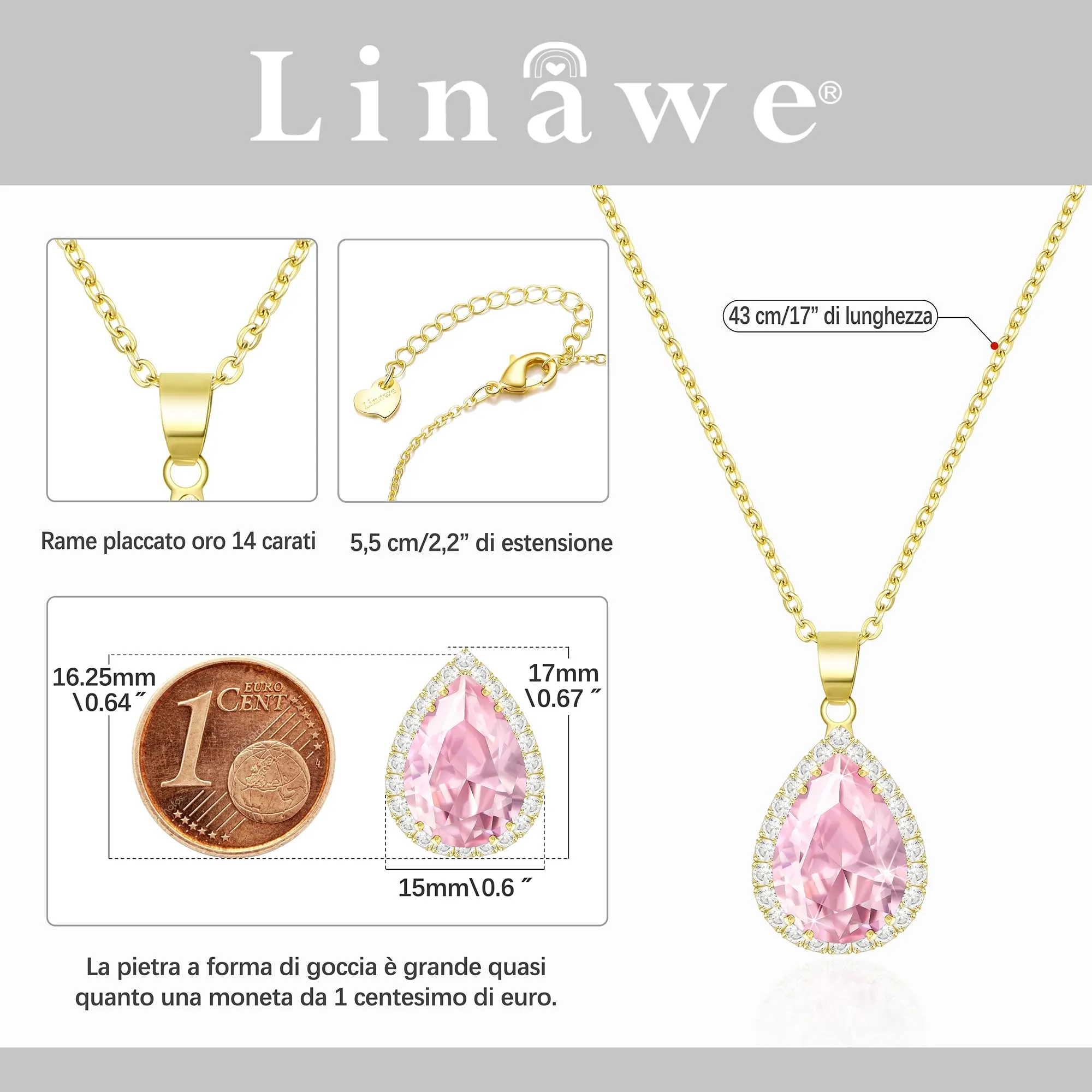Linawe Collana a catena in oro con ciondolo in zirconia rosa per donna - immagine 2