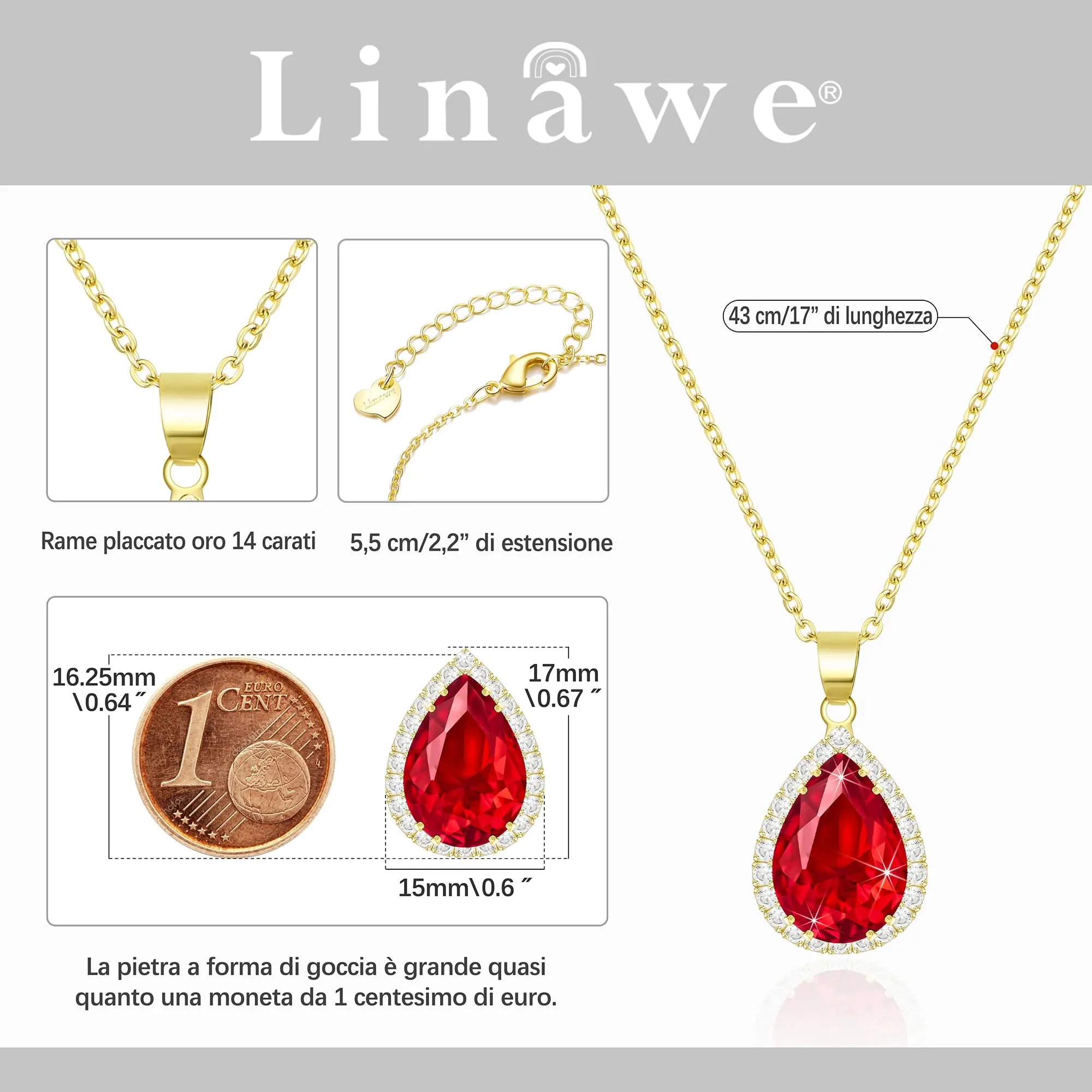 Linawe Collana da donna in oro placcato con ciondolo in rubino rosso e zircone - immagine 2