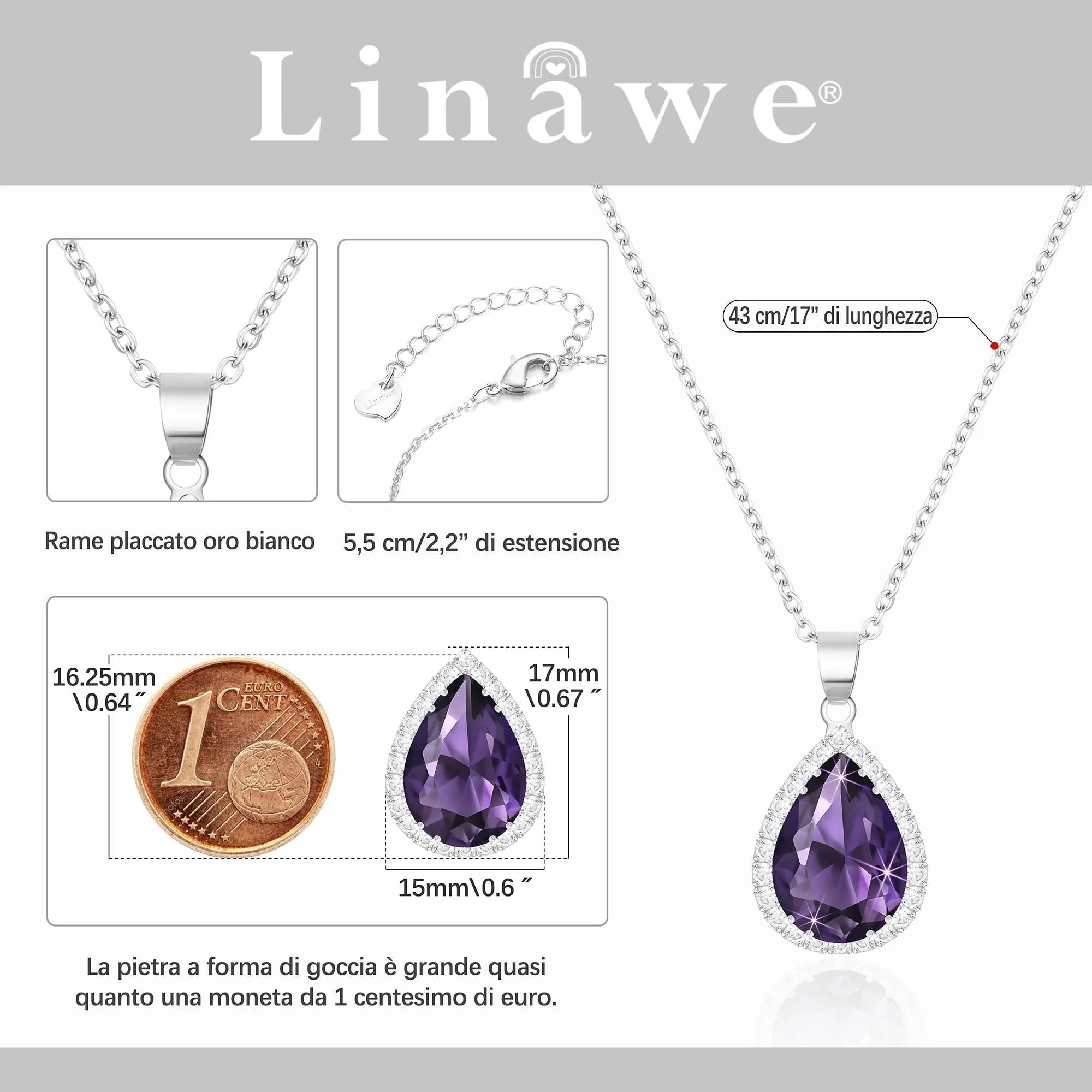 Linawe Collana con Ciondolo in Ametista e Cristallo, Catena in Argento per Donna - immagine 2