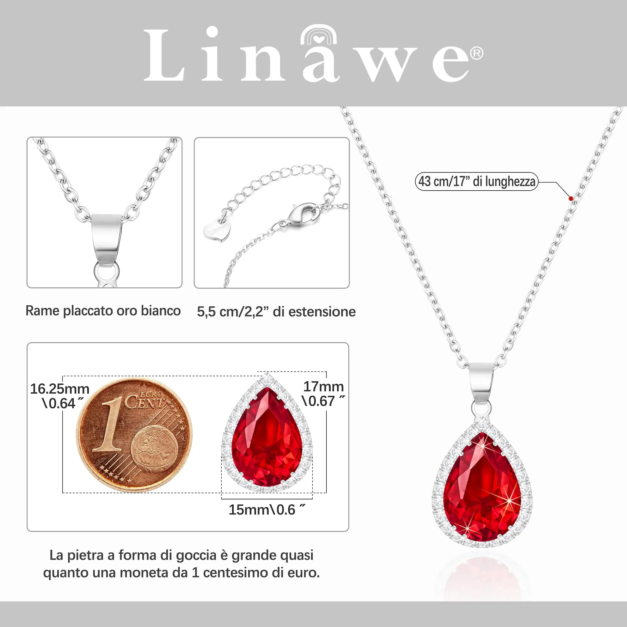 Linawe Collana in argento per donna con ciondolo in cristallo e rubino rosso - immagine 2
