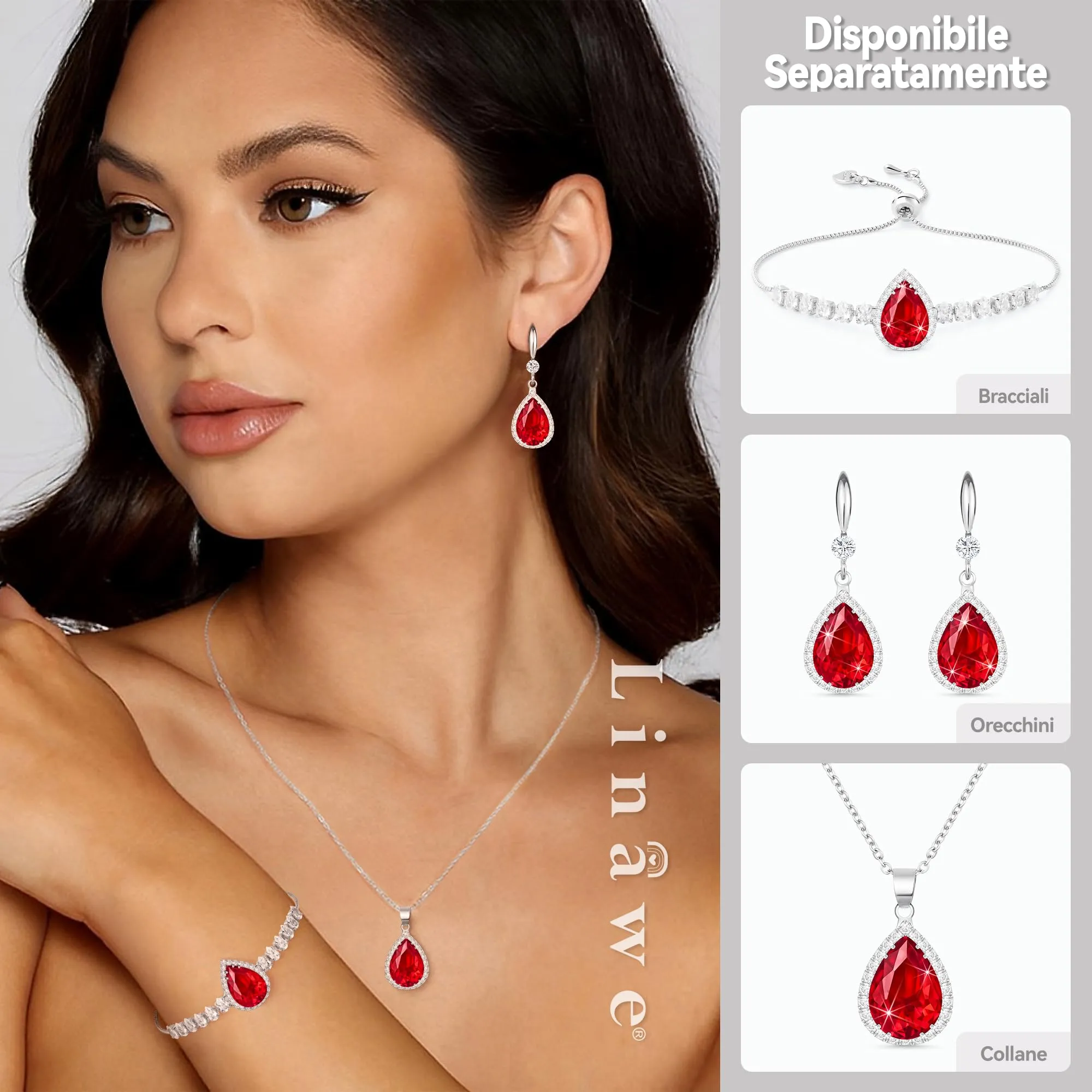 Linawe Collana in argento per donna con ciondolo in cristallo e rubino rosso - immagine 3