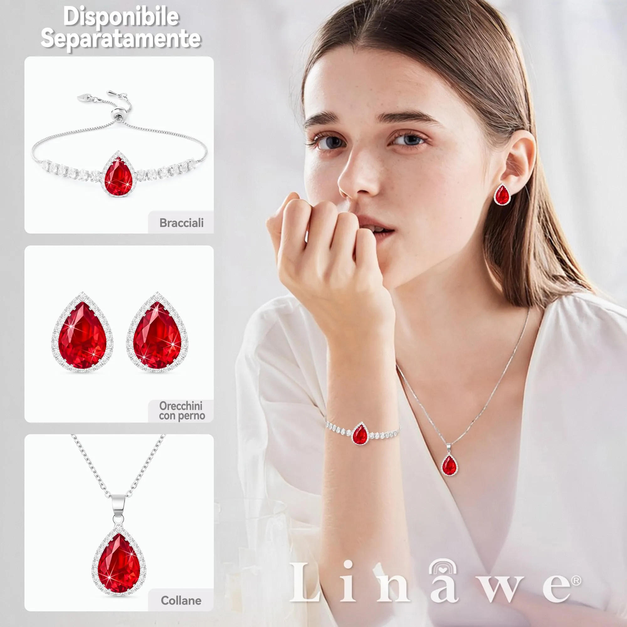 Linawe Collana in argento per donna con ciondolo in cristallo e rubino rosso - immagine 4