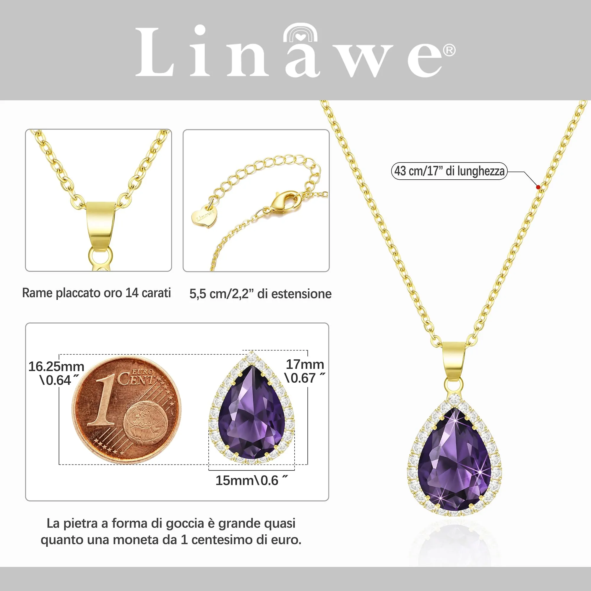 Linawe Collana da donna con ciondolo in ametista e cristallo, placcata in oro - immagine 2