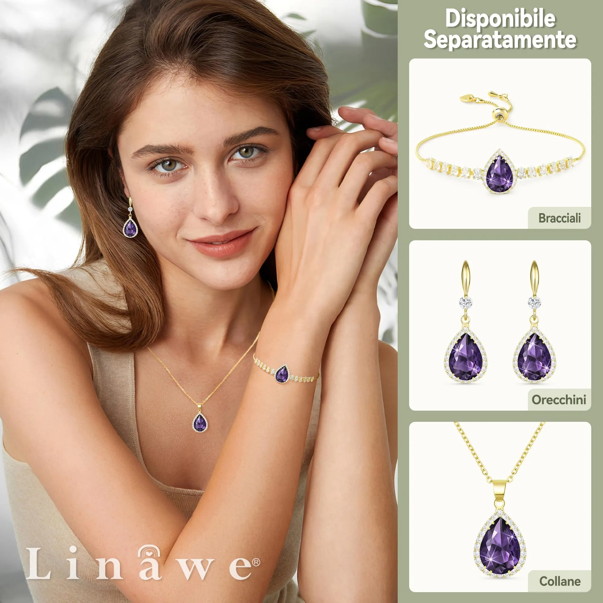 Linawe Collana da donna con ciondolo in ametista e cristallo, placcata in oro - immagine 3