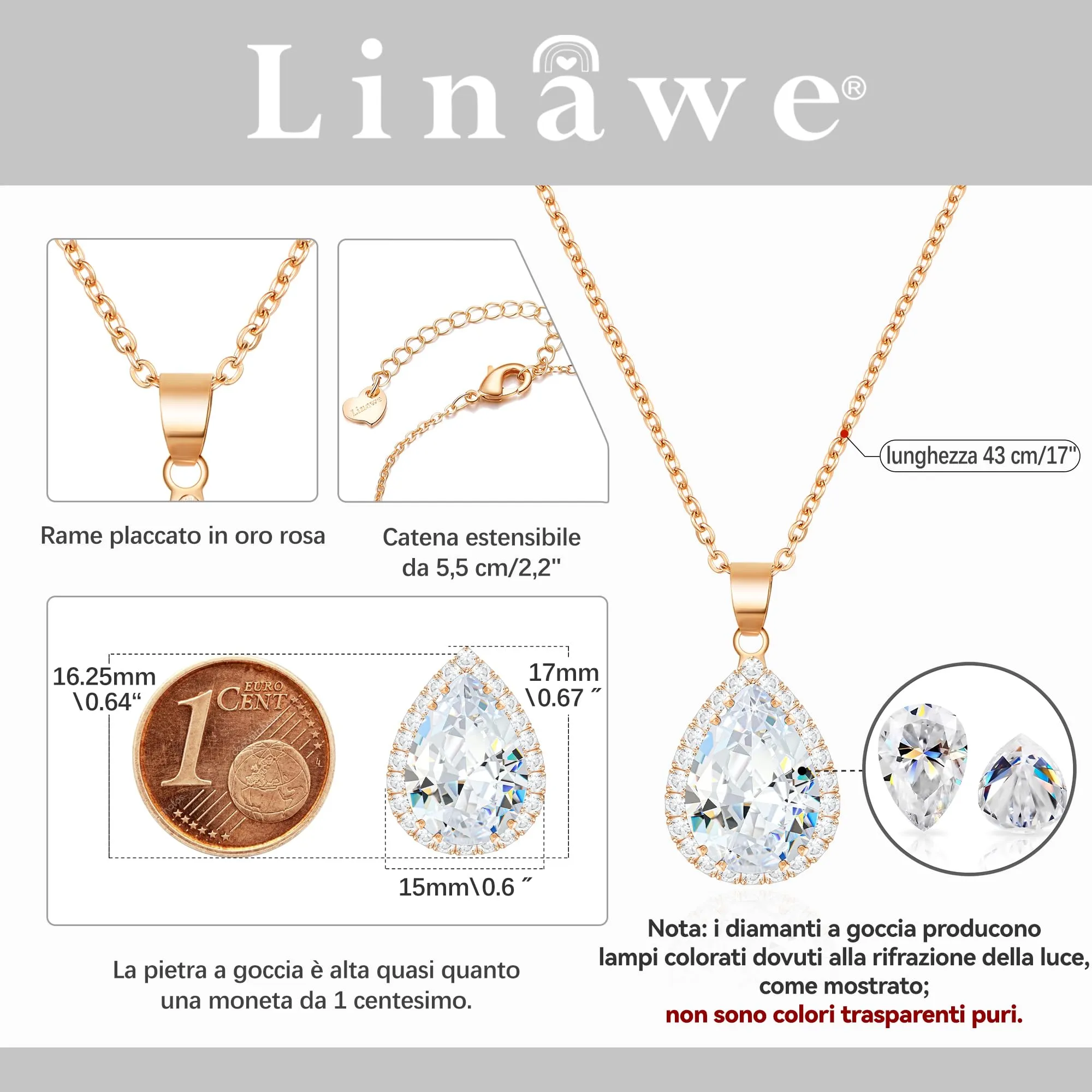 Linawe Collana con ciondolo in cristallo e zircone cubico, placcata in oro rosa - immagine 2