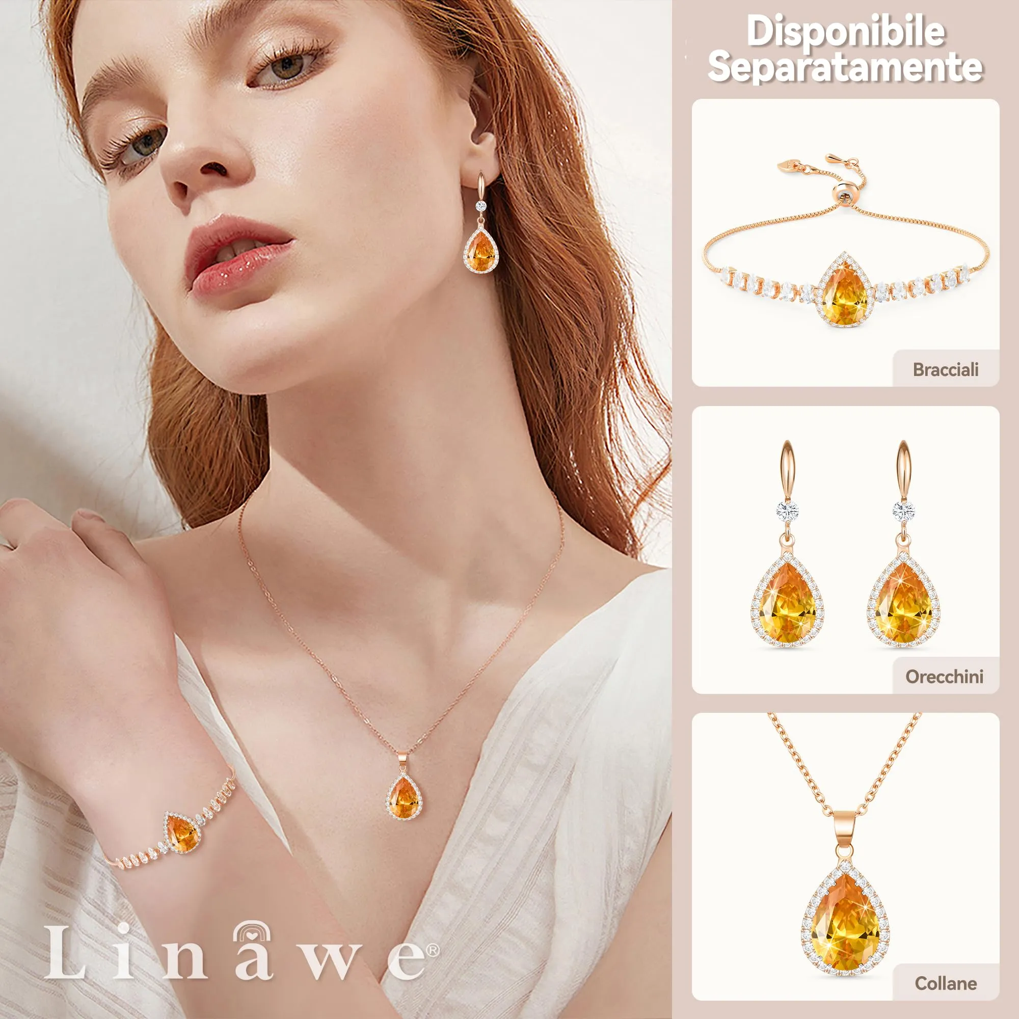 Linawe Collana con ciondolo in citrino e zirconia cubica placcata oro rosa - immagine 3
