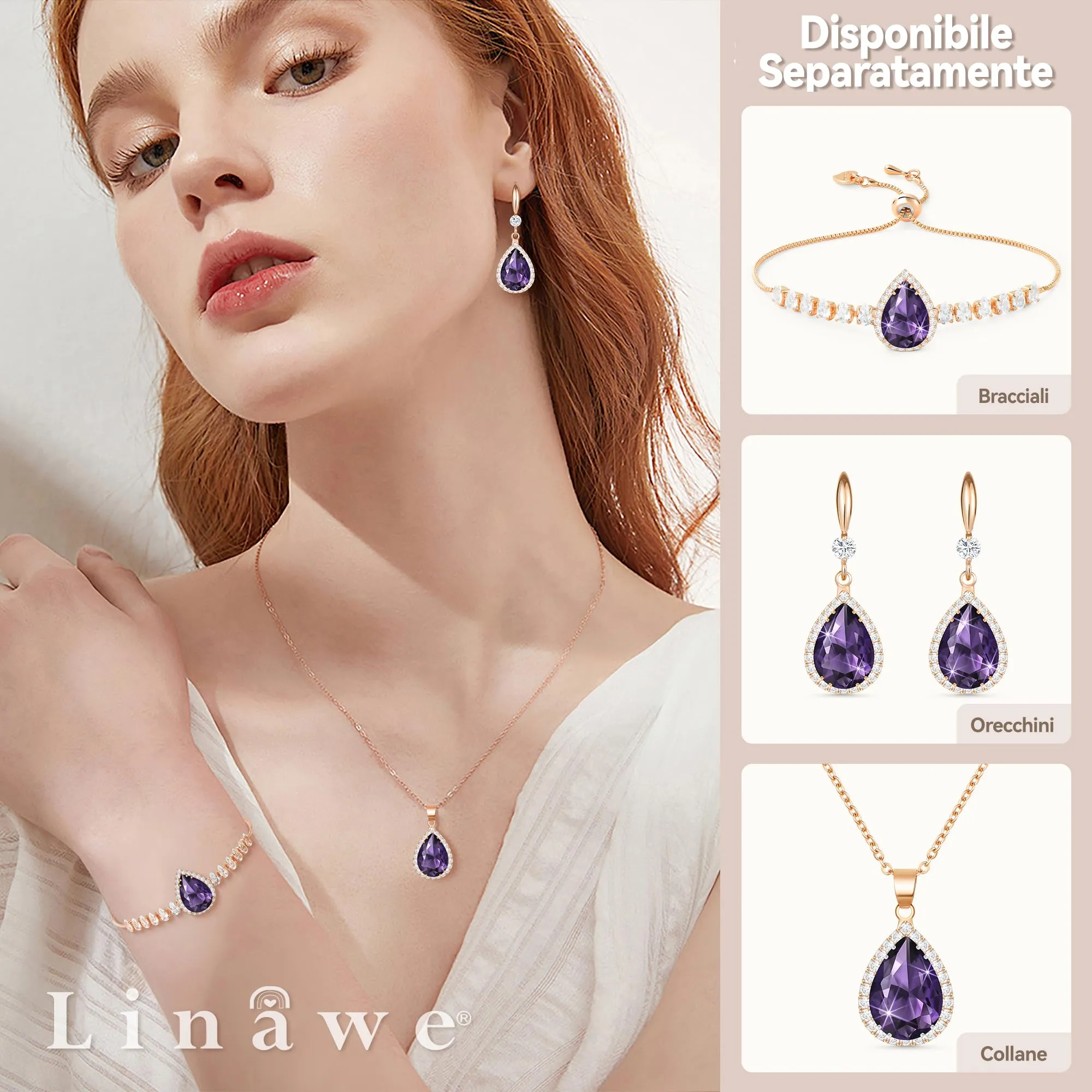 Linawe Collana con ciondolo in cristallo ametista e zirconia, placcata in oro rosa - immagine 3