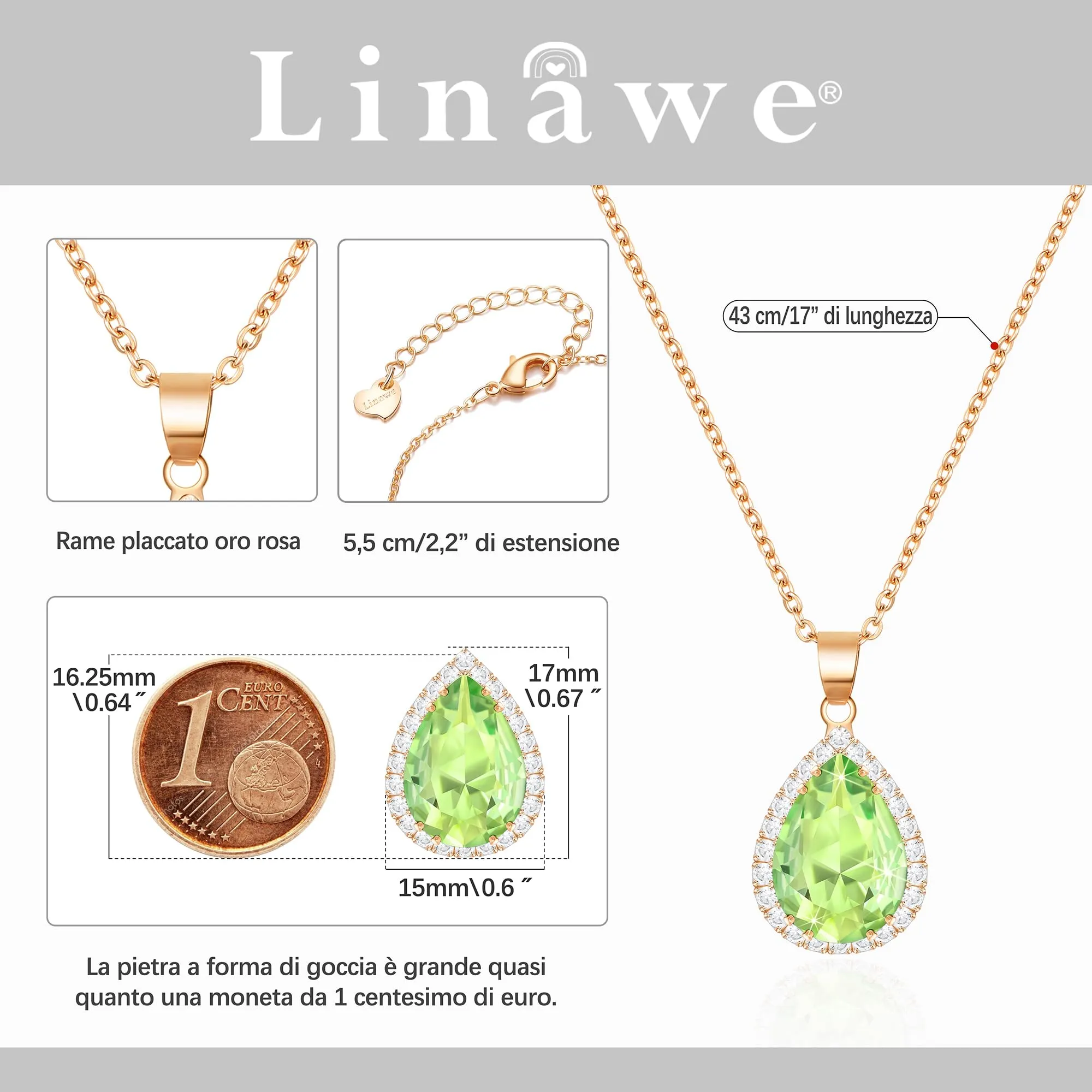 Linawe Collana da donna in oro rosa con ciondolo in peridoto verde e cristallo - immagine 2