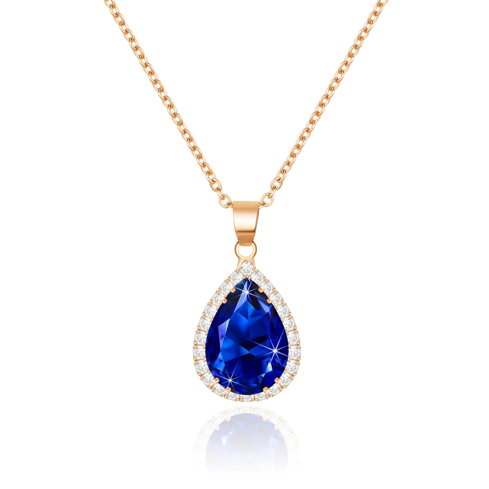 Linawe Collana da donna in oro rosa con ciondolo in cristallo blu zaffiro e zirconia - immagine 1