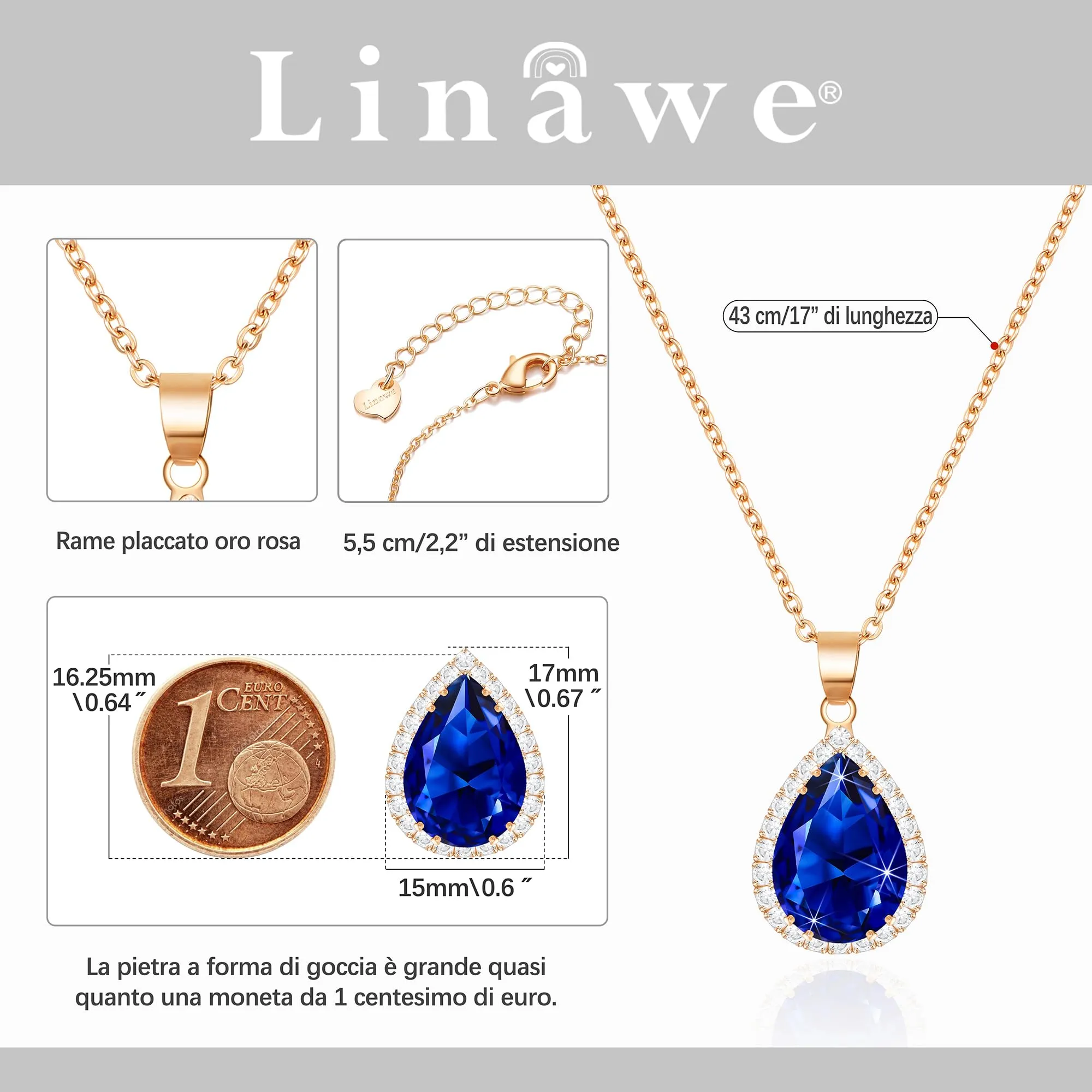 Linawe Collana da donna in oro rosa con ciondolo in cristallo blu zaffiro e zirconia - immagine 2