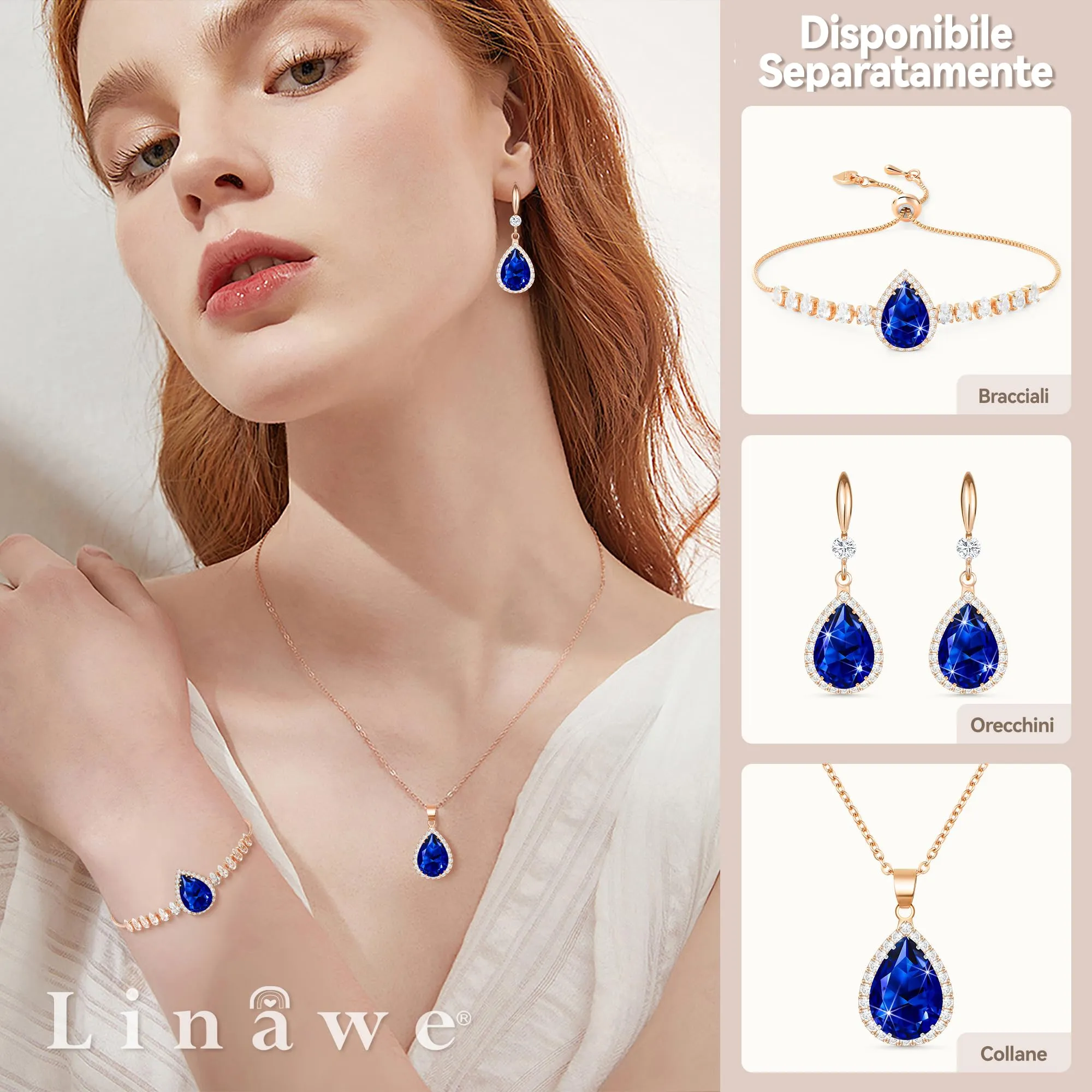 Linawe Collana da donna in oro rosa con ciondolo in cristallo blu zaffiro e zirconia - immagine 3