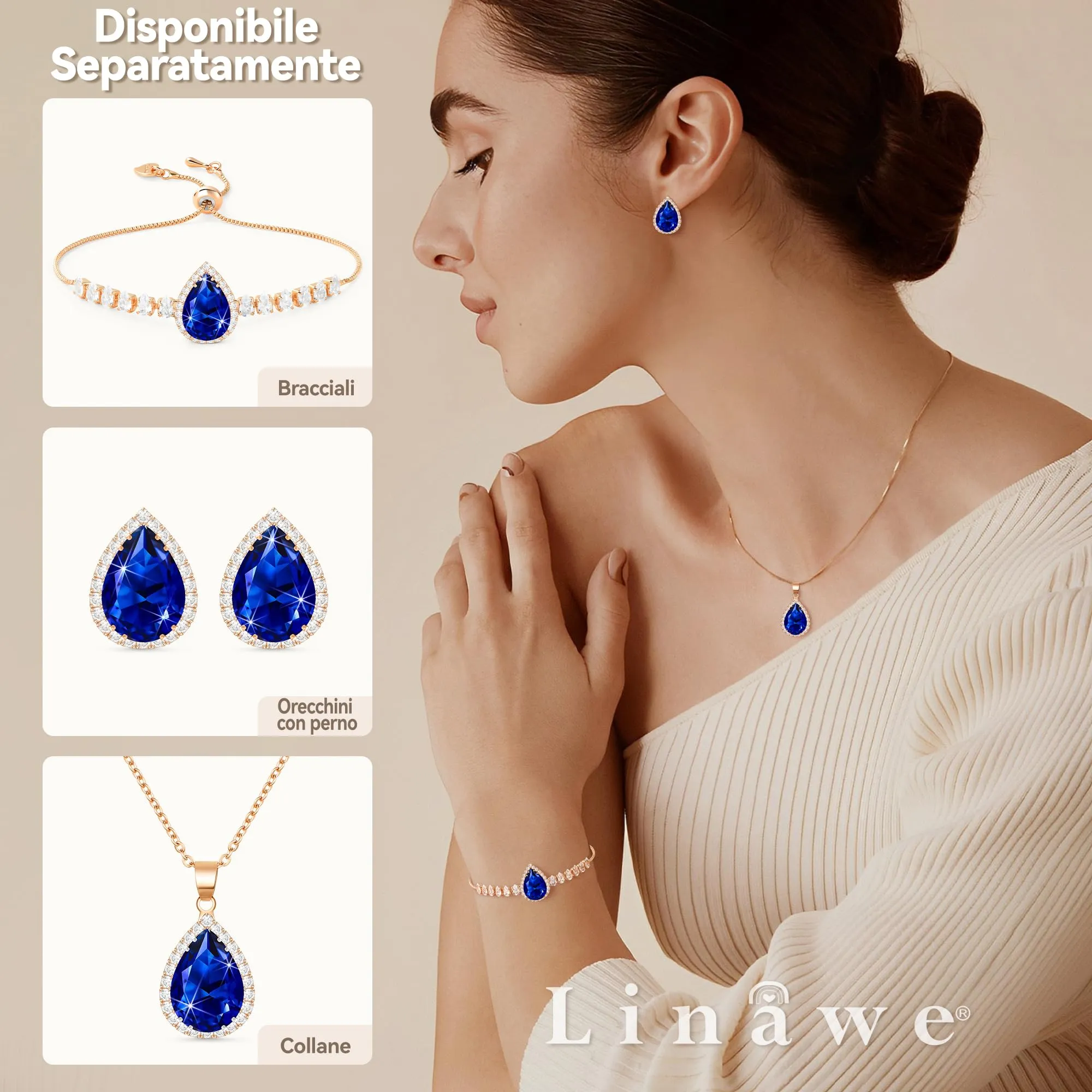 Linawe Collana da donna in oro rosa con ciondolo in cristallo blu zaffiro e zirconia - immagine 4