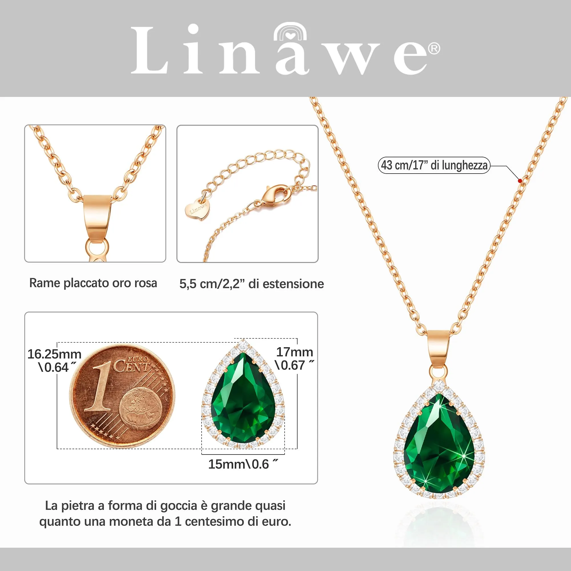 Linawe Collana da donna in oro rosa con ciondolo in cristallo verde smeraldo - immagine 2
