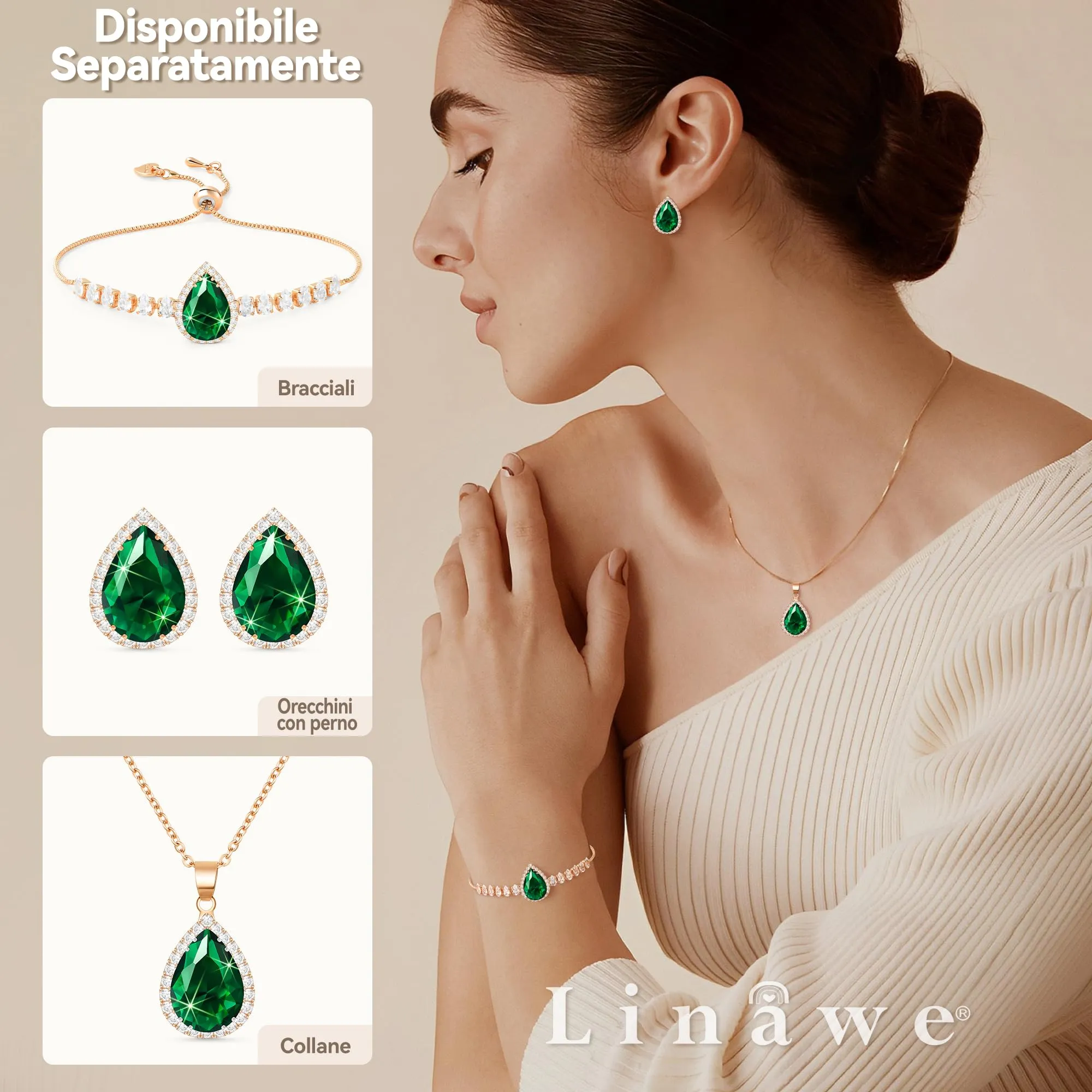 Linawe Collana da donna in oro rosa con ciondolo in cristallo verde smeraldo - immagine 4