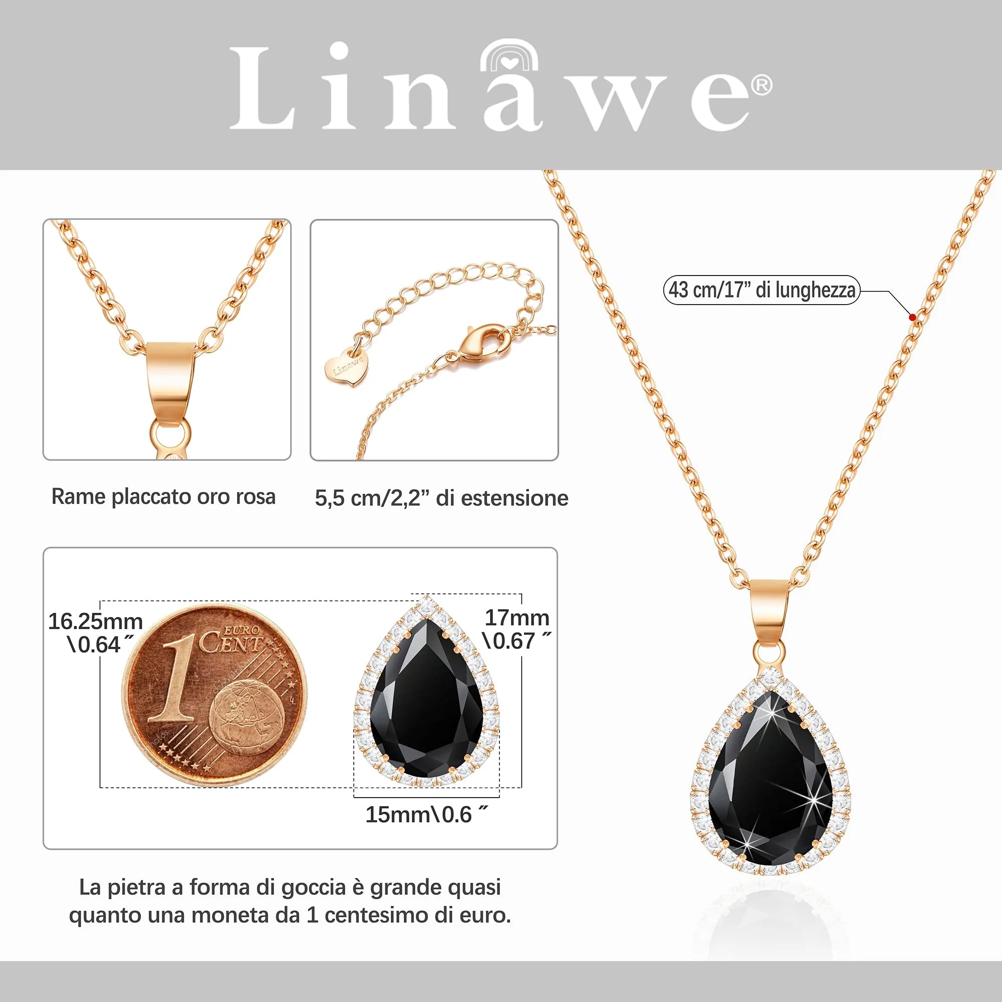 Linawe Collana in oro rosa con ciondolo a catena in cristallo nero per donna - immagine 2
