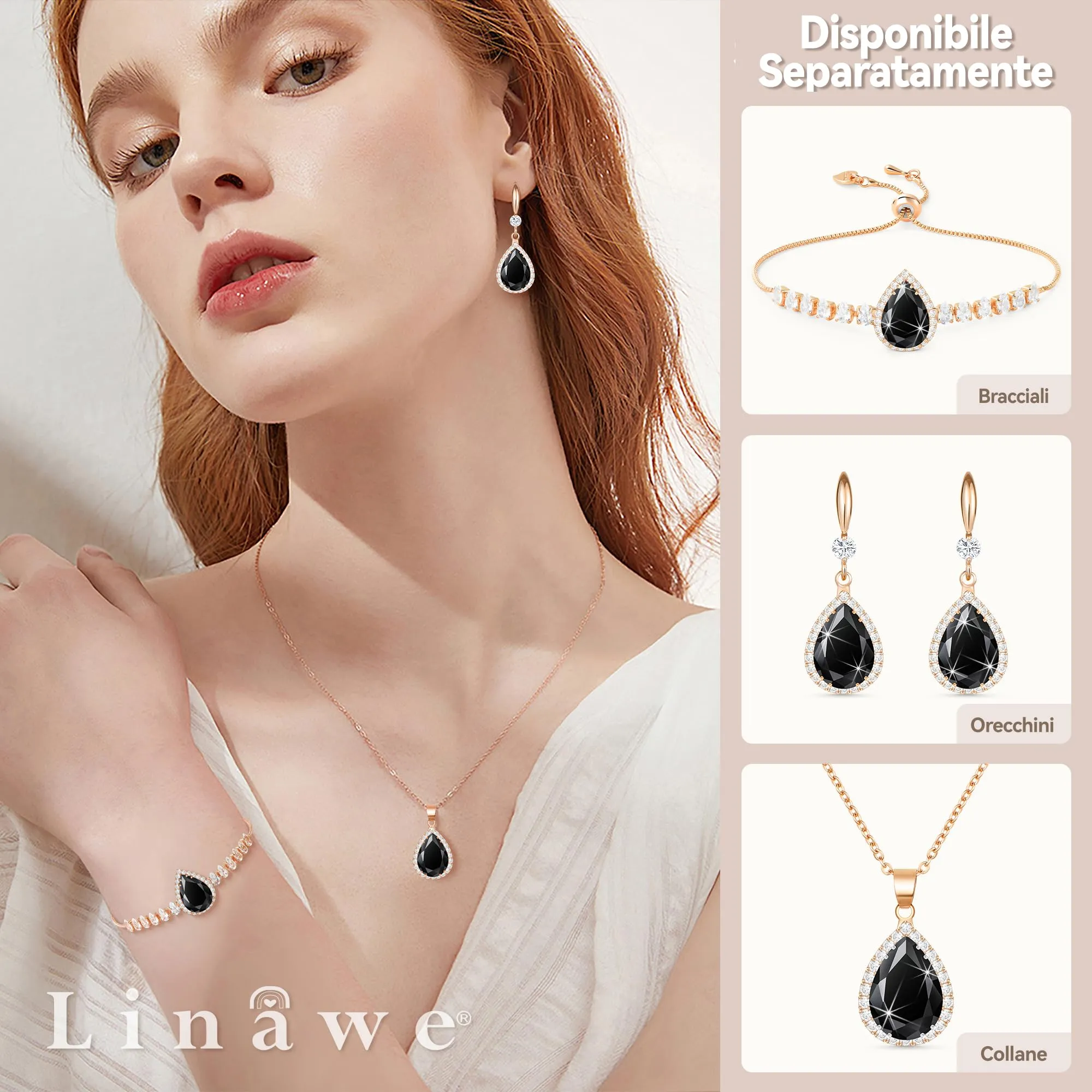 Linawe Collana in oro rosa con ciondolo a catena in cristallo nero per donna - immagine 3
