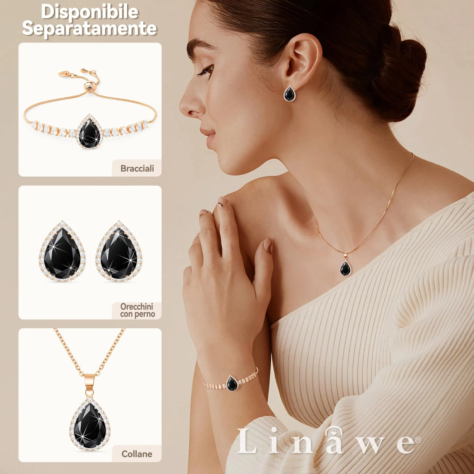 Linawe Collana in oro rosa con ciondolo a catena in cristallo nero per donna - immagine 4