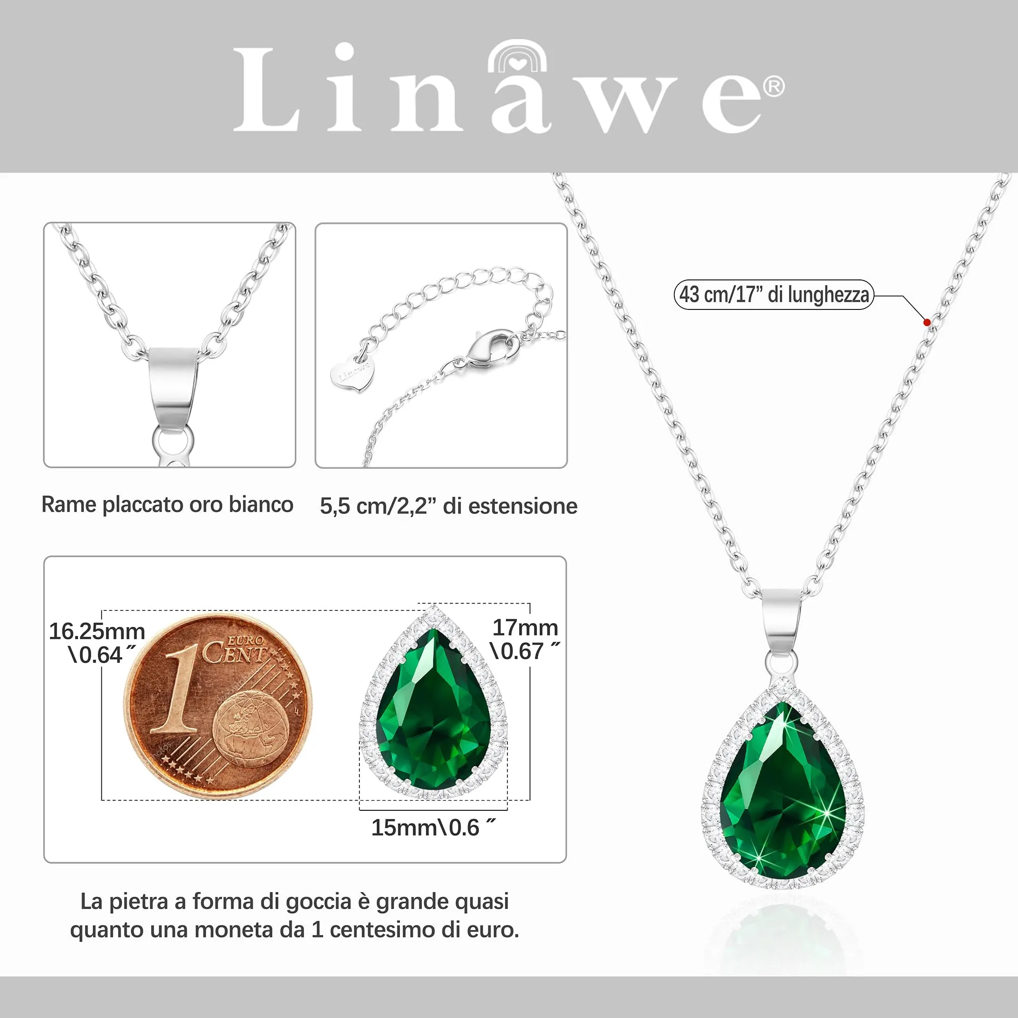 Linawe Collana con ciondolo in cristallo e zirconia verde per donna, placcata in oro bianco - immagine 2