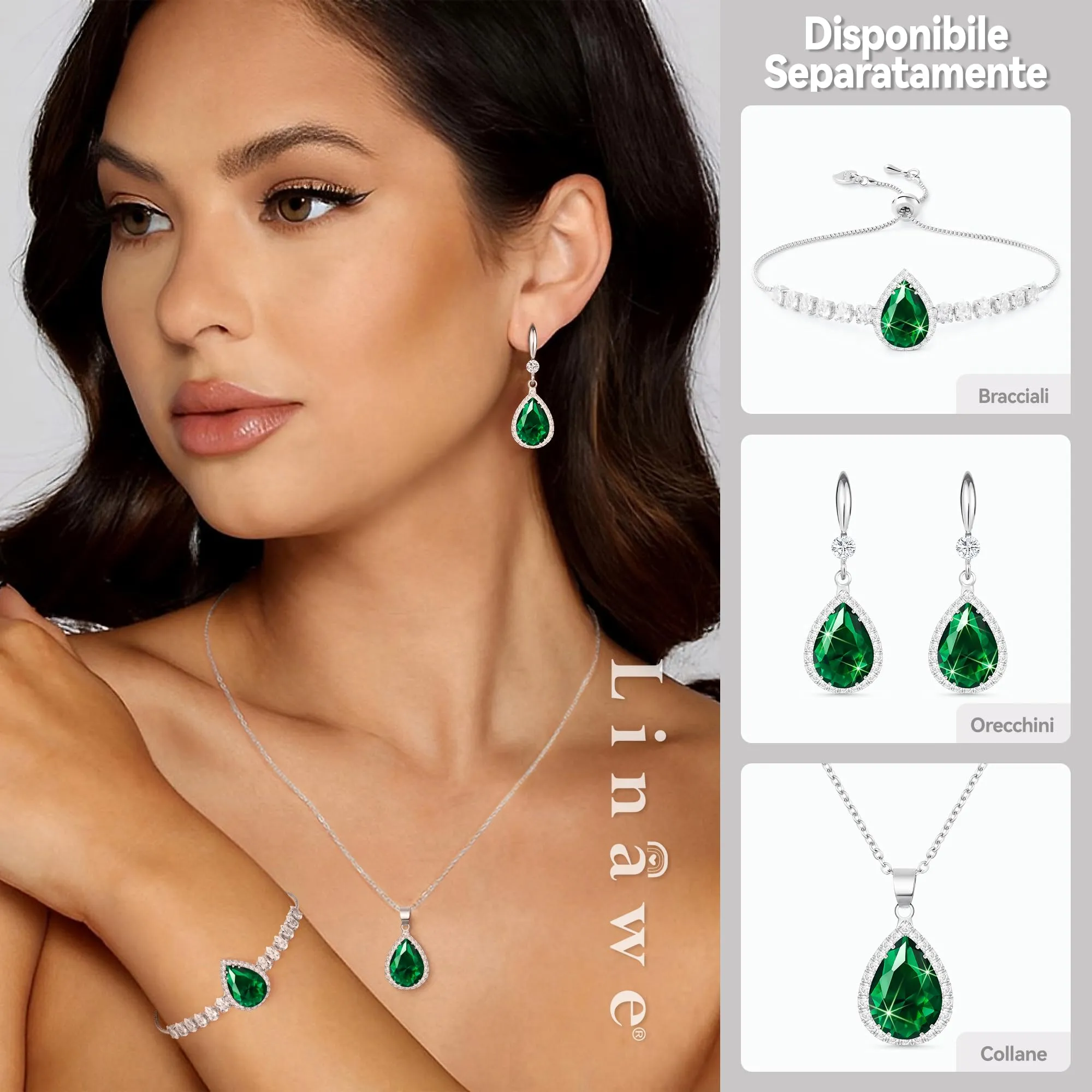 Linawe Collana con ciondolo in cristallo e zirconia verde per donna, placcata in oro bianco - immagine 3