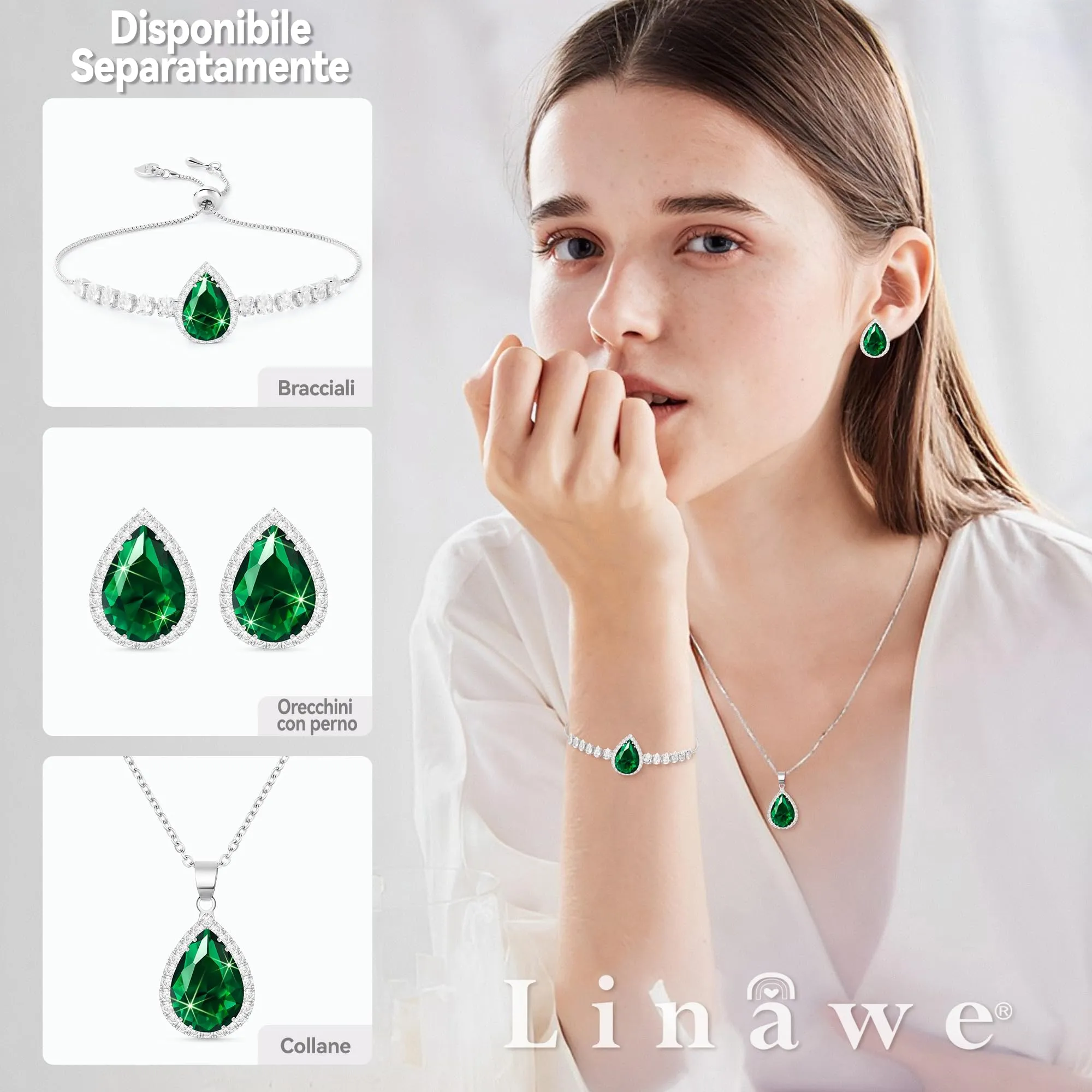 Linawe Collana con ciondolo in cristallo e zirconia verde per donna, placcata in oro bianco - immagine 4