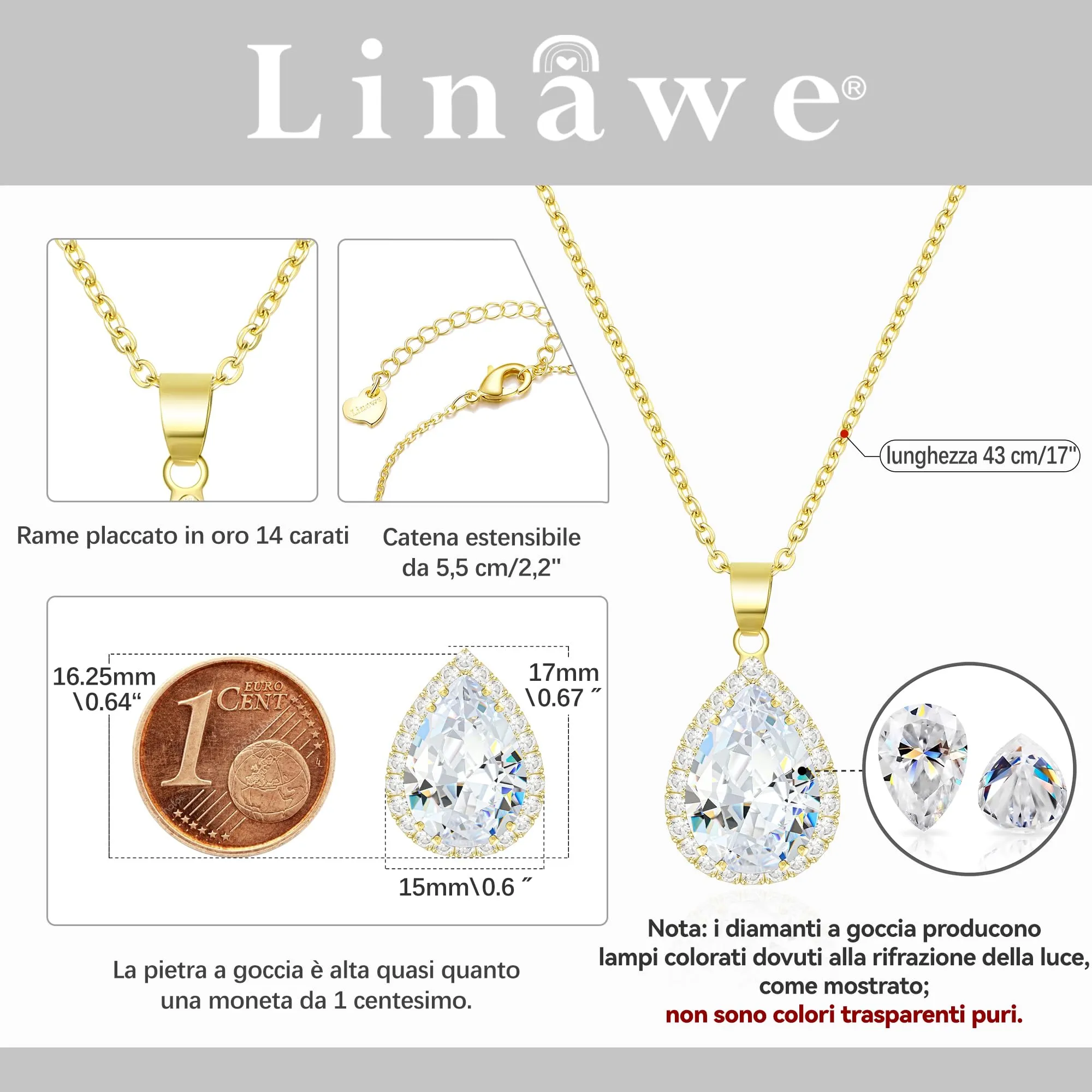 Linawe Collana con Ciondolo in Zirconia Cubica Placcata Oro 14k - immagine 2