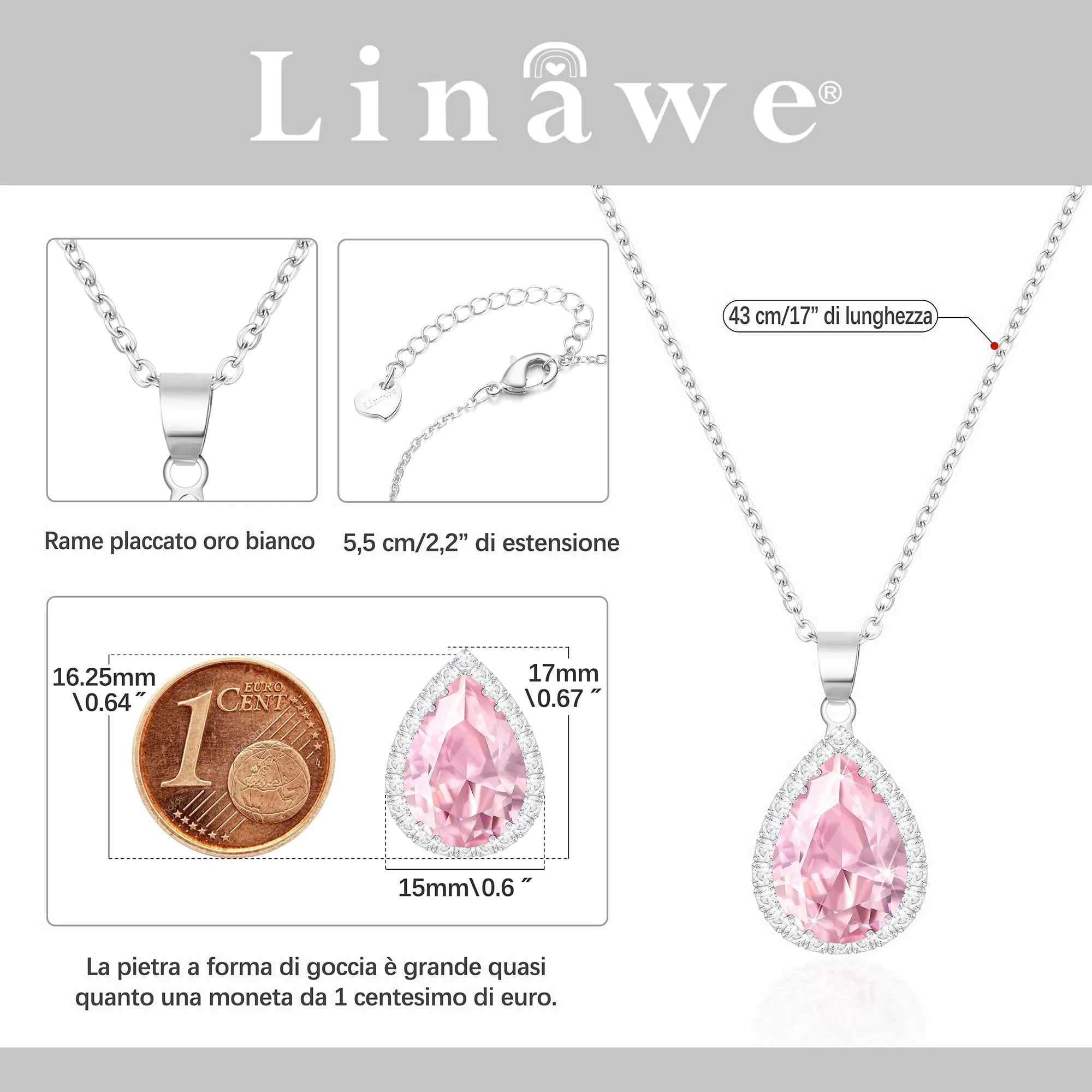 Linawe Collana con ciondolo in cristallo rosa e catena in argento per donna - immagine 2