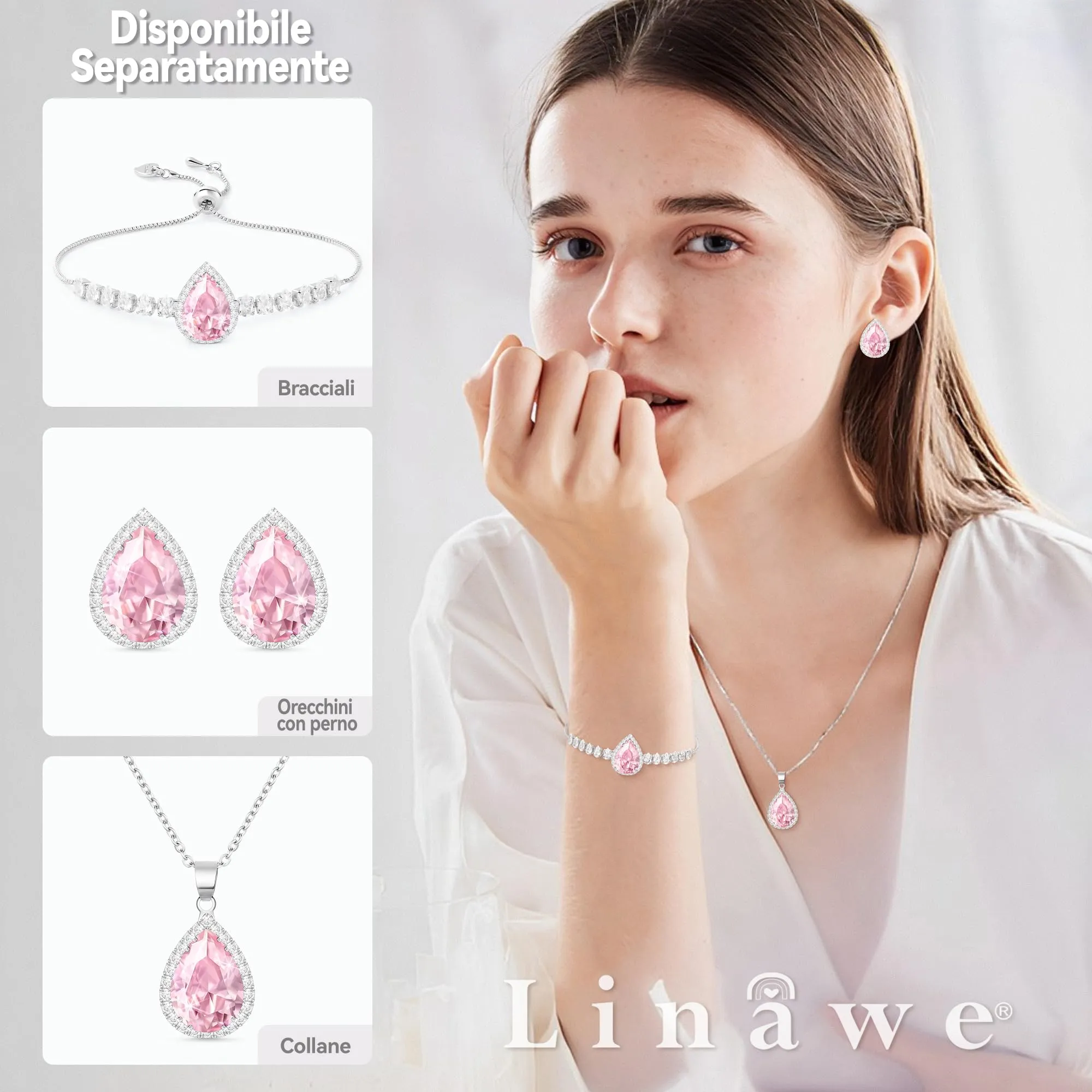 Linawe Collana con ciondolo in cristallo rosa e catena in argento per donna - immagine 4