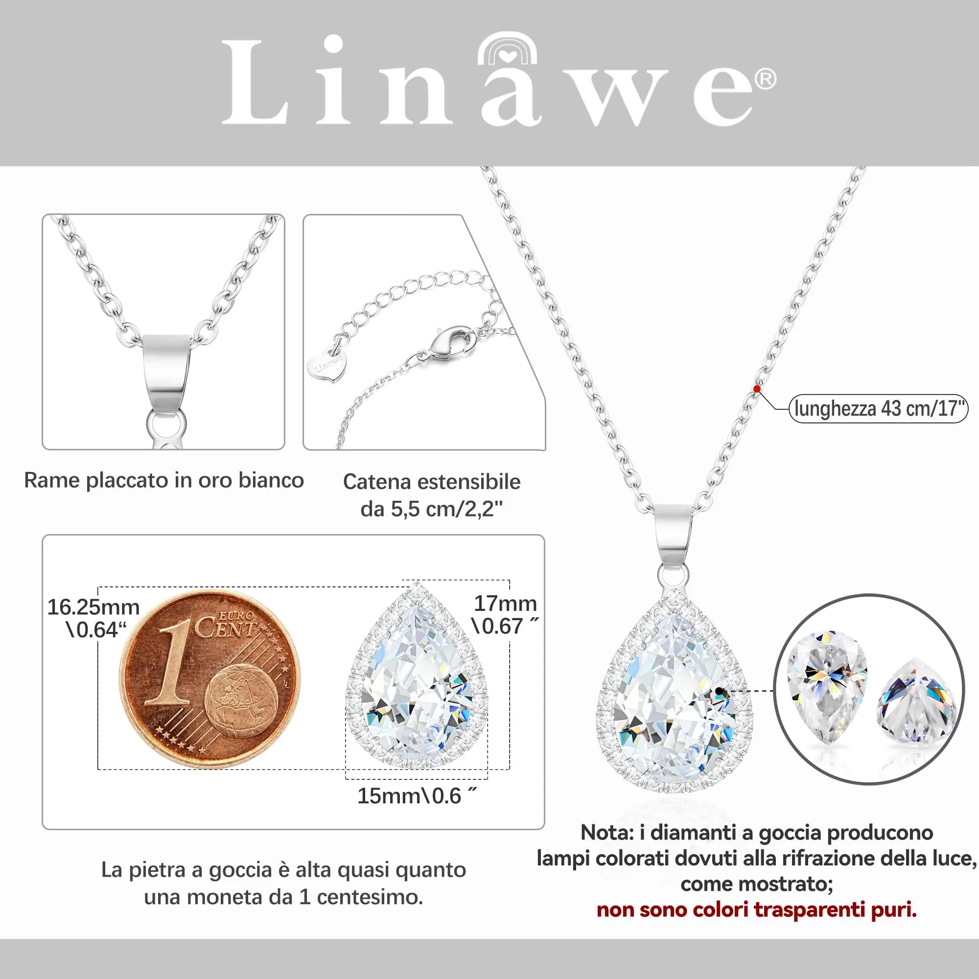 Linawe Collana in argento da donna con ciondolo in cristallo e zirconia - immagine 2