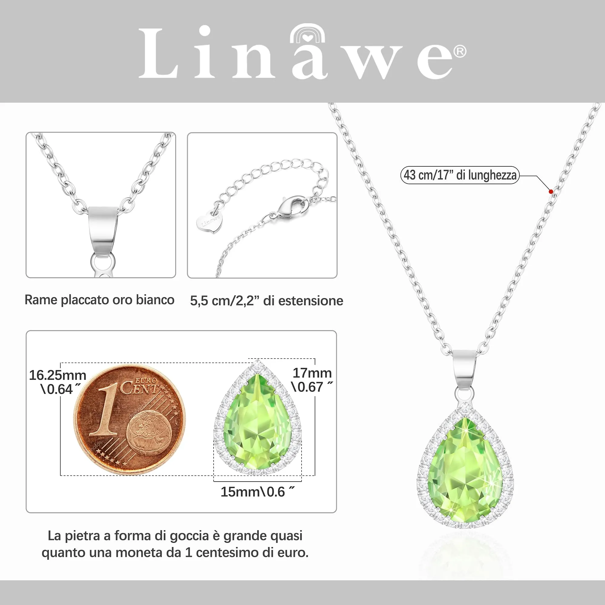 Linawe Collana con Ciondolo in Peridoto Verde e Cristallo Argento per Donna - immagine 2