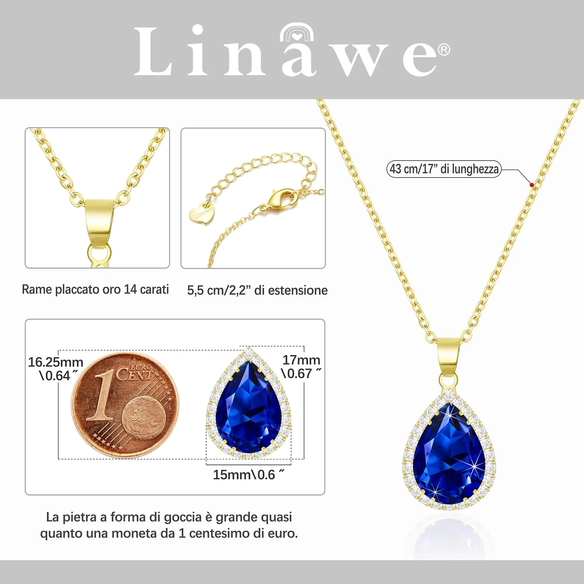 Linawe Collana con ciondolo zaffiro blu e catena placcata in oro 14k per donna - immagine 2