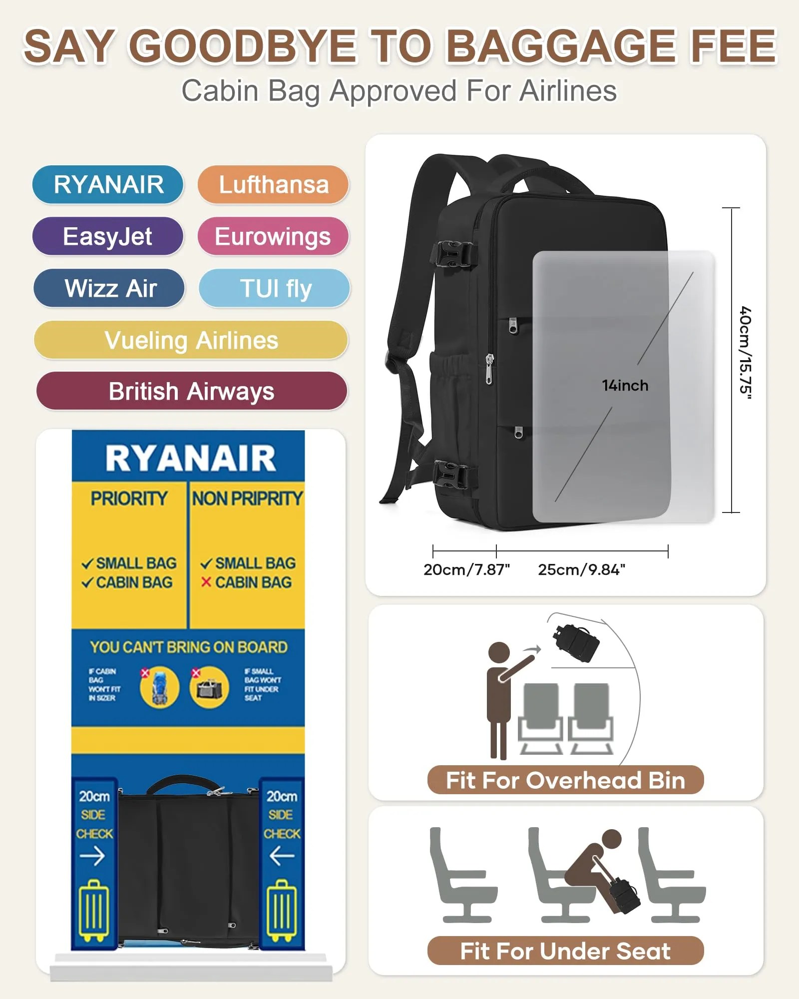 BJLFS Zaino da Viaggio 40x30x20 per Ryanair e Wizzair - immagine 2