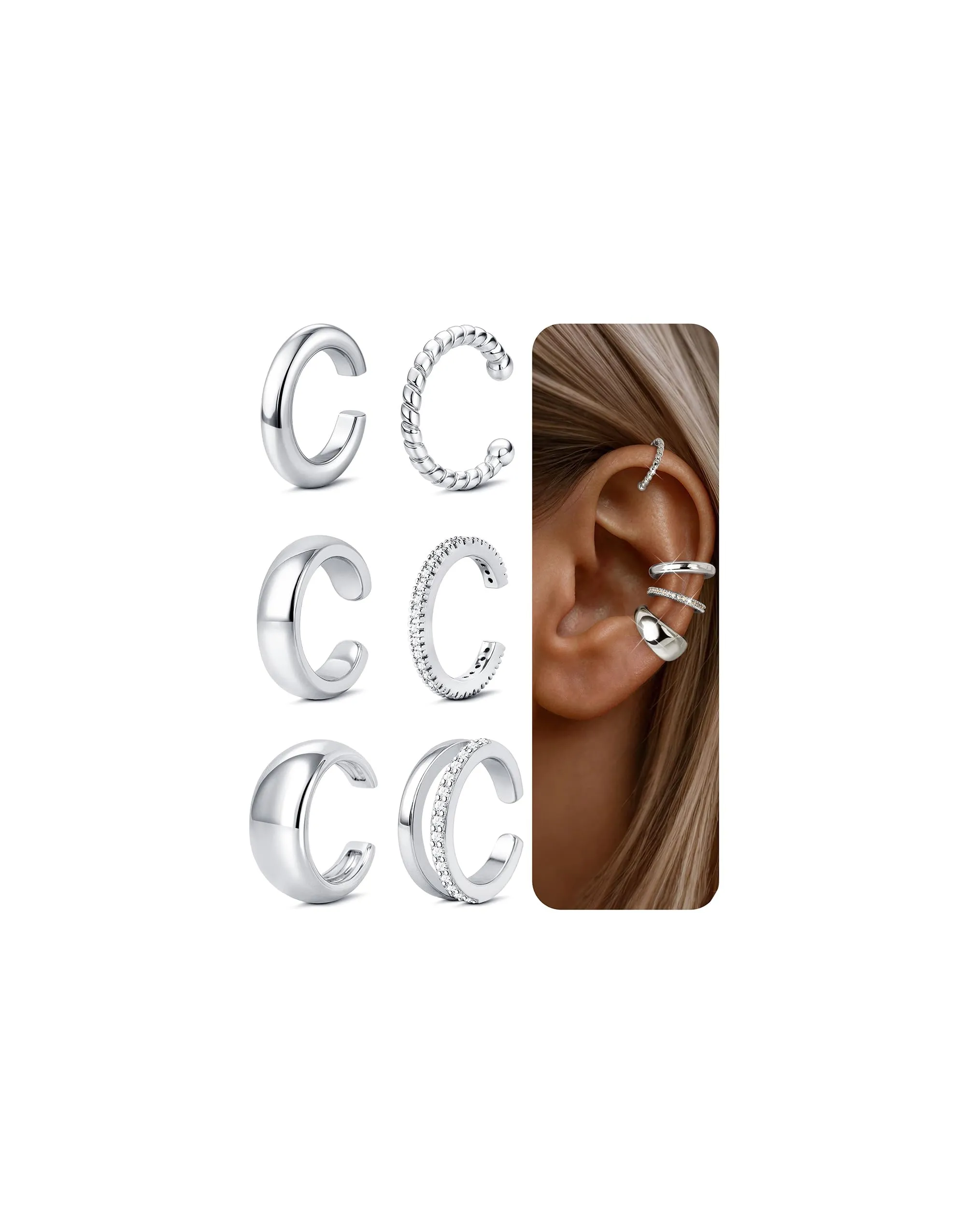 FANCH Ear Cuff Orecchini Senza Buco Donna, 6Pcs Ipoallergenici 14K Oro Placcato, Regolabili per Cartilagine, Argento e Oro - immagine 1