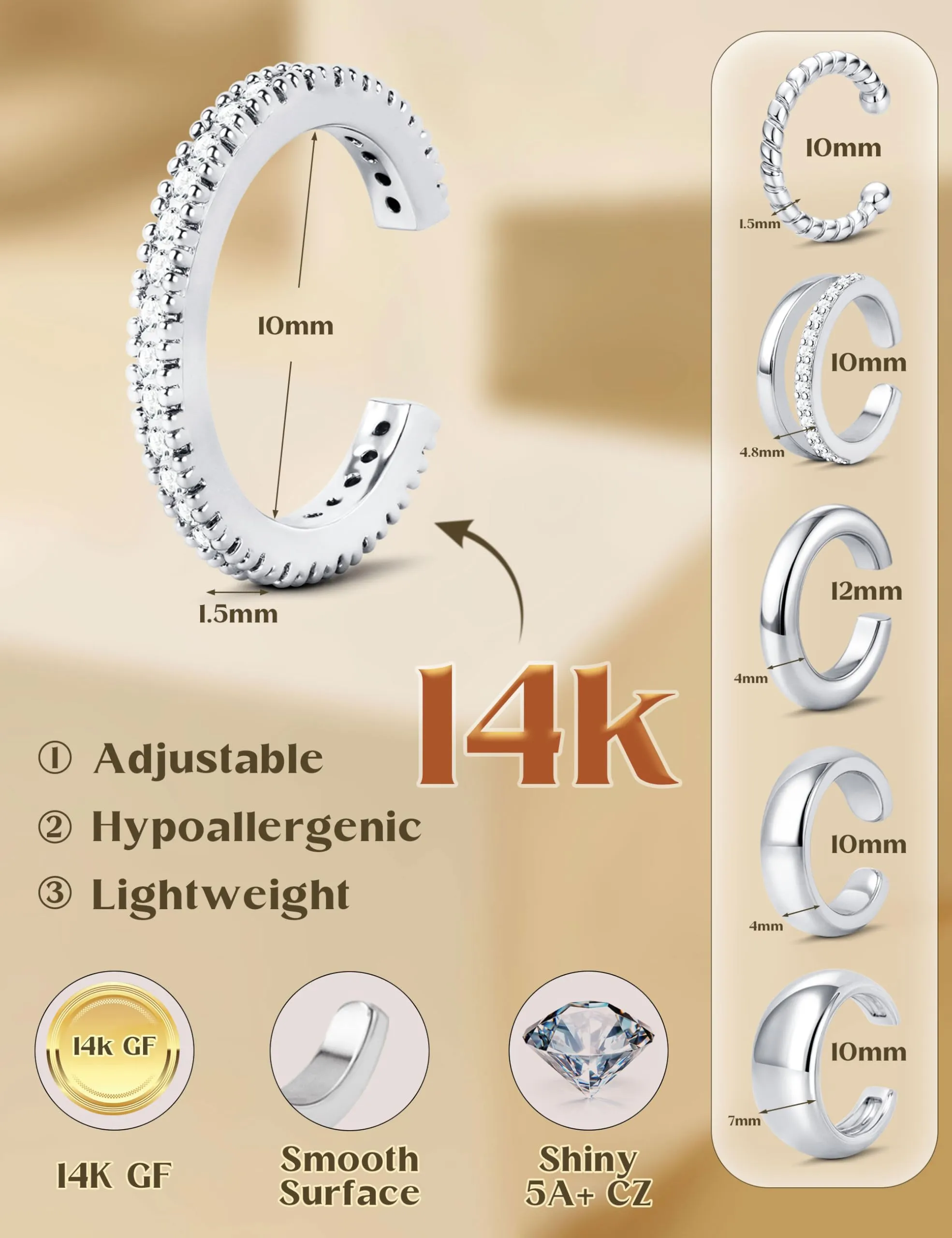 FANCH Ear Cuff Orecchini Senza Buco Donna, 6Pcs Ipoallergenici 14K Oro Placcato, Regolabili per Cartilagine, Argento e Oro - immagine 2