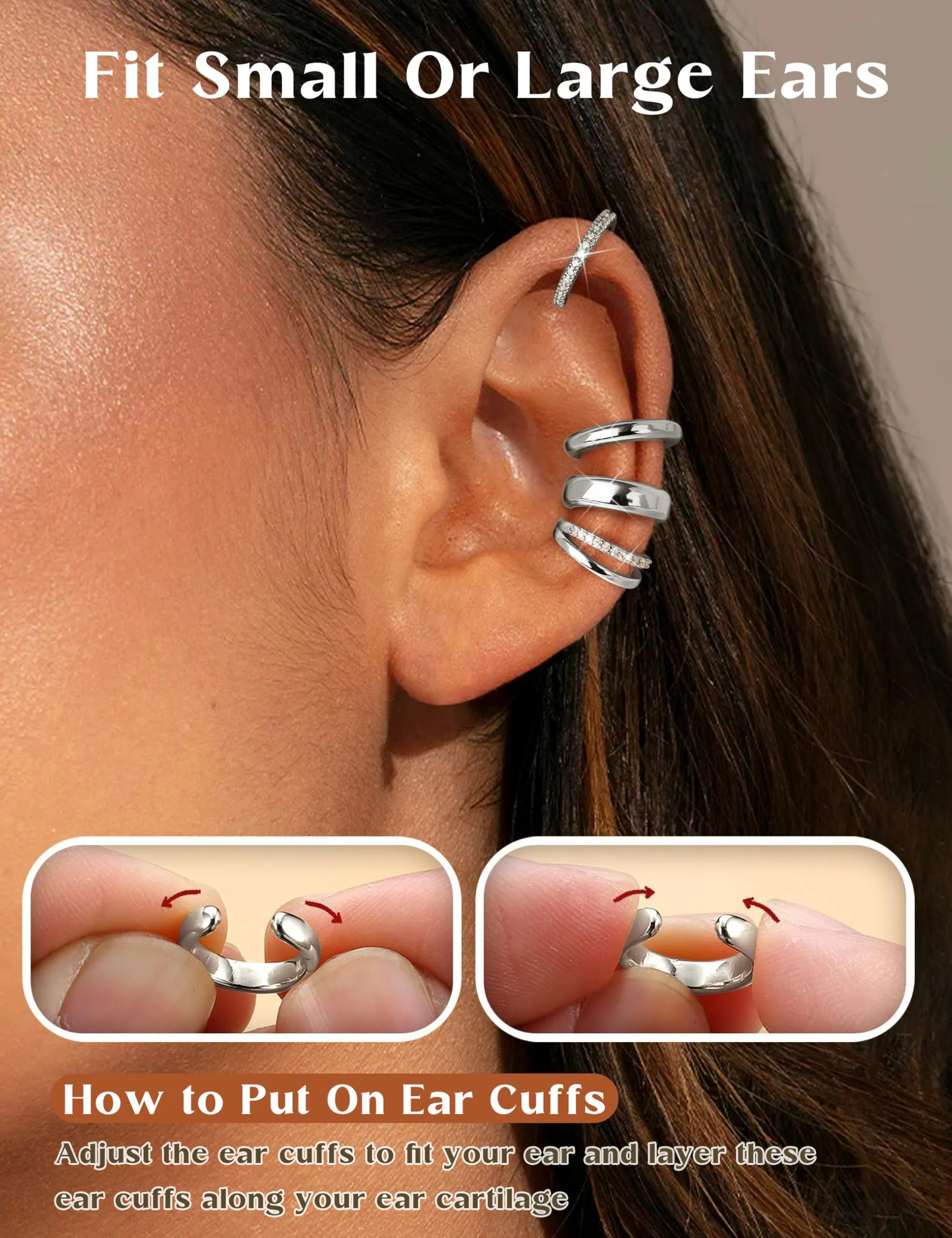 FANCH Ear Cuff Orecchini Senza Buco Donna, 6Pcs Ipoallergenici 14K Oro Placcato, Regolabili per Cartilagine, Argento e Oro - immagine 3