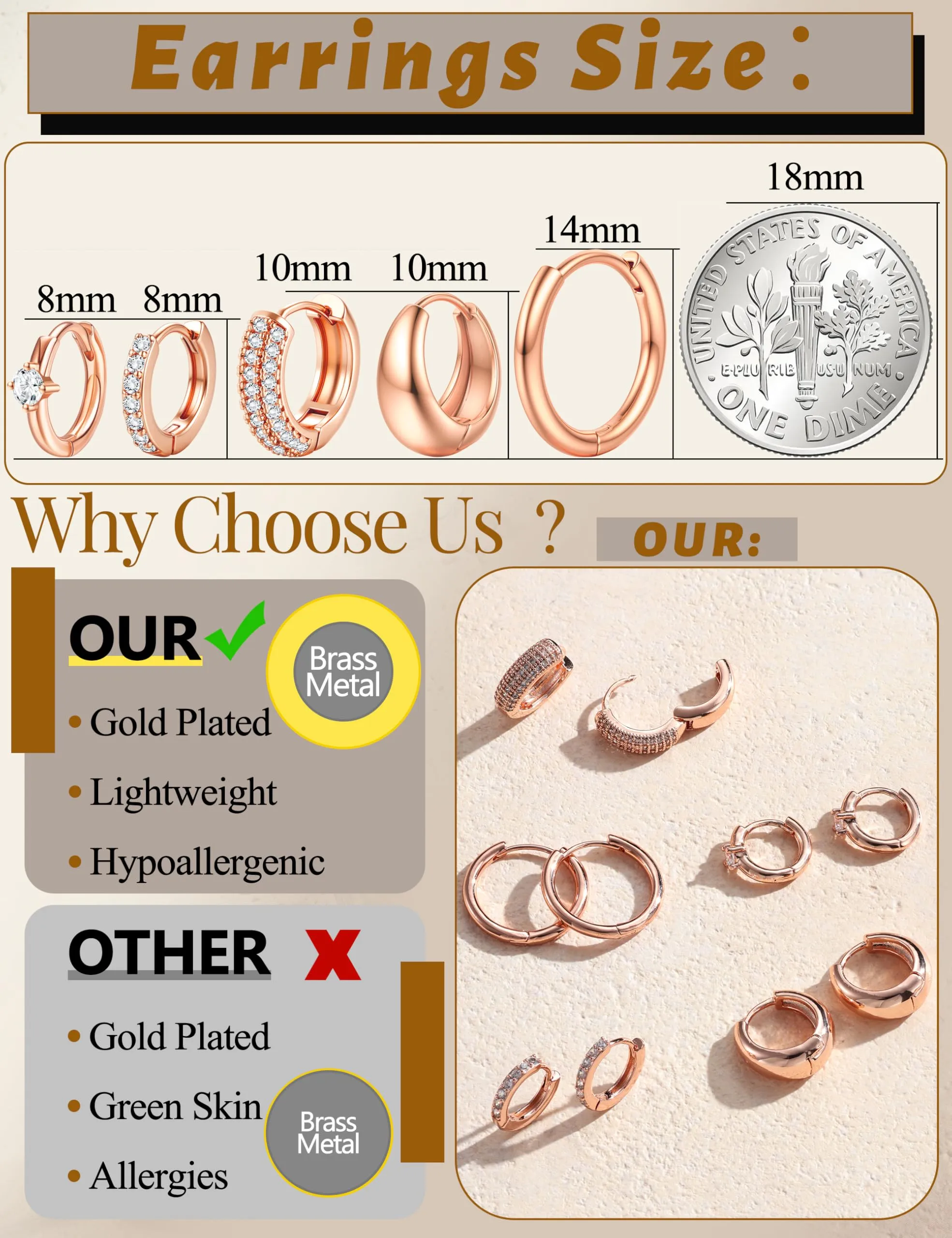 Finrezio Set 5 Paia Orecchini a Cerchio in Oro 14K per Donna - immagine 2