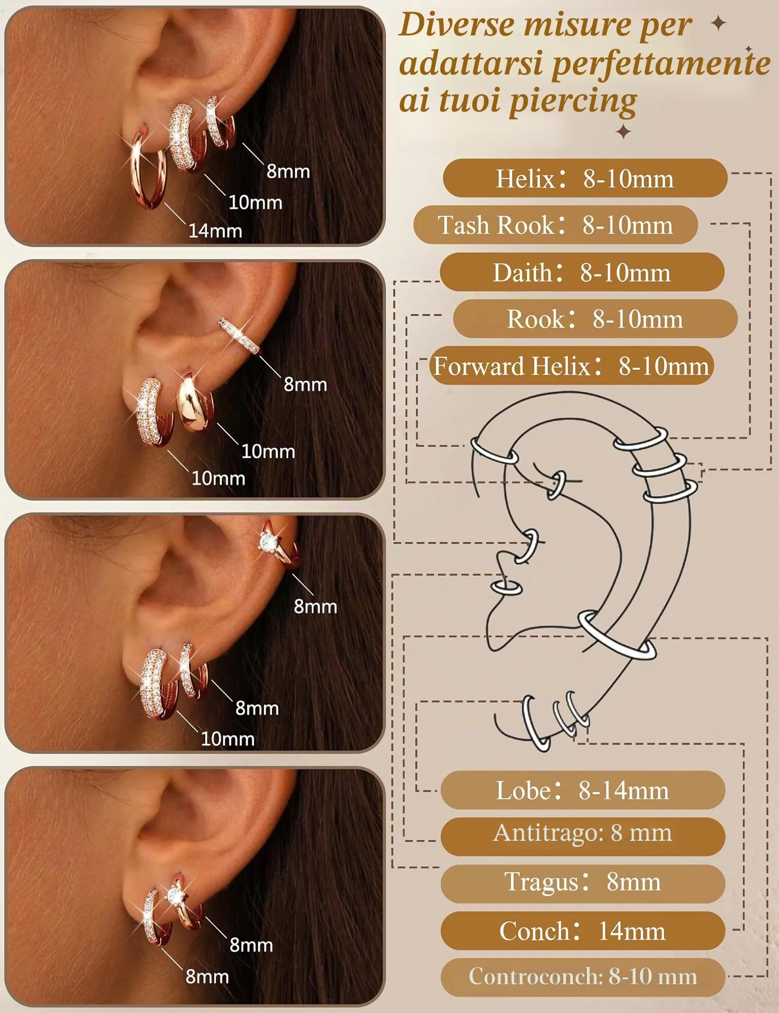 Finrezio Set 5 Paia Orecchini a Cerchio in Oro 14K per Donna - immagine 3
