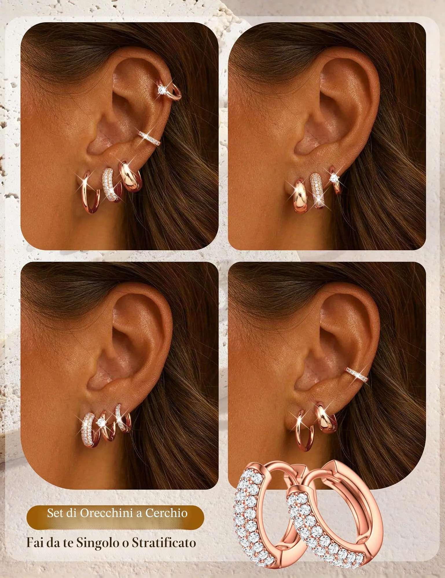 Finrezio Set 5 Paia Orecchini a Cerchio in Oro 14K per Donna - immagine 5