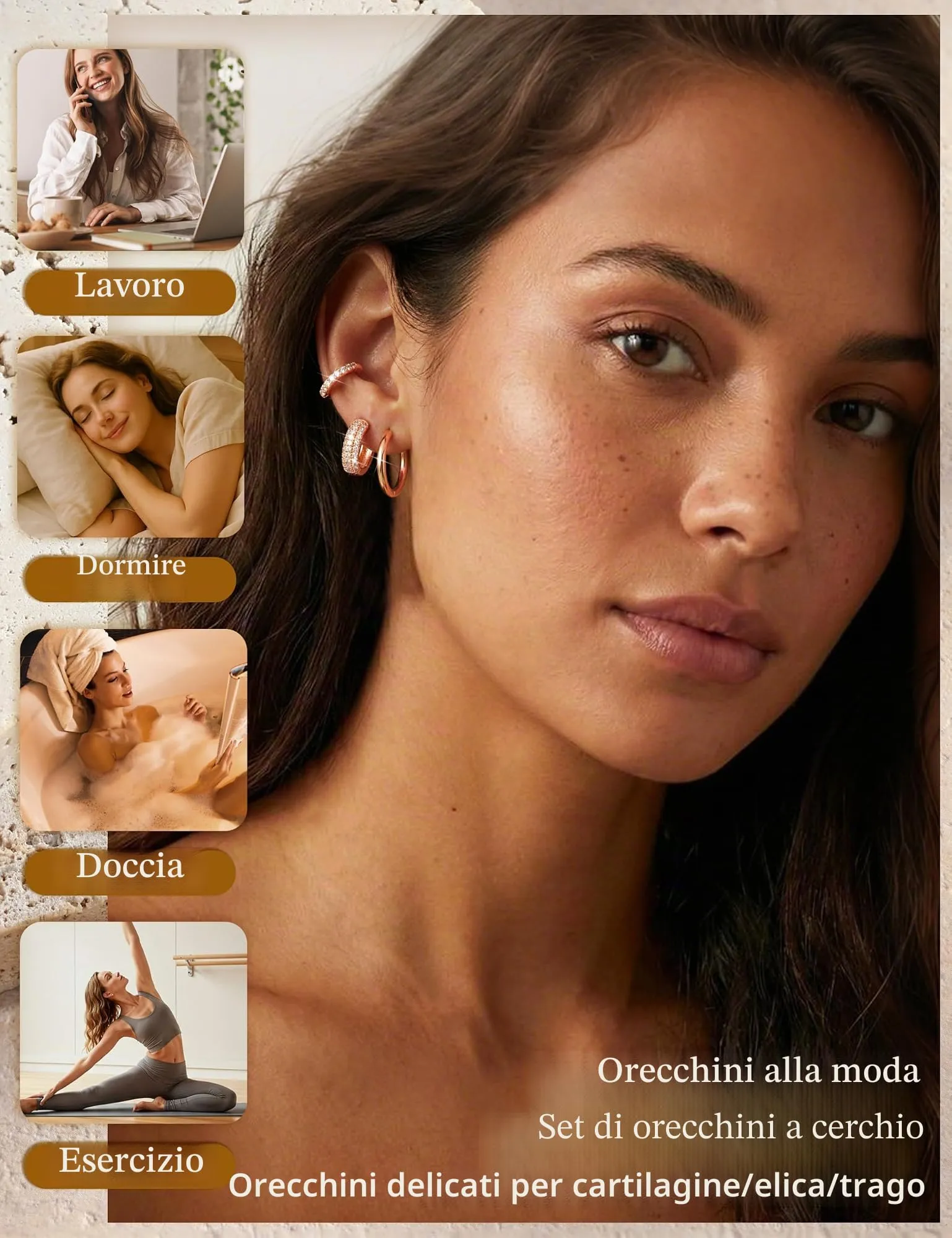 Finrezio Set 5 Paia Orecchini a Cerchio in Oro 14K per Donna - immagine 6