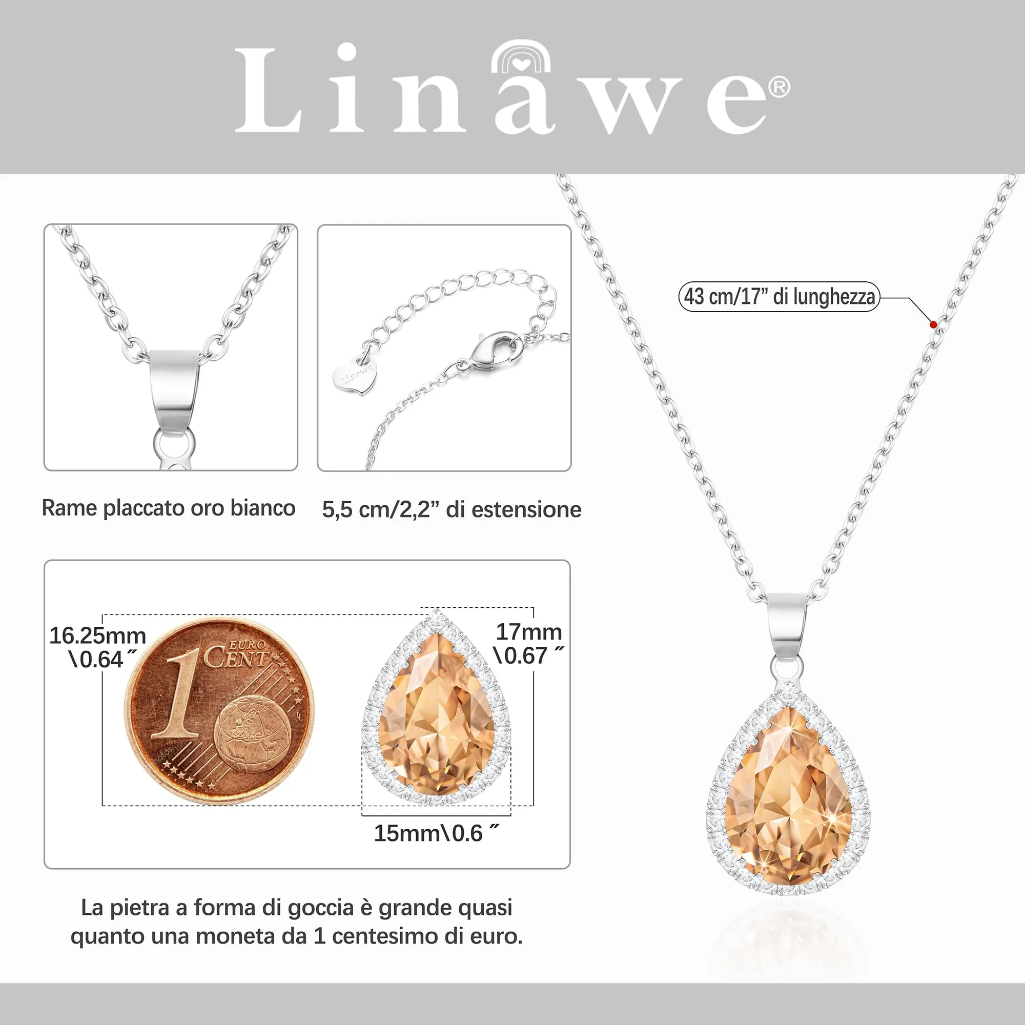 Linawe Collana da donna in argento con ciondolo topazio champagne e zircone - immagine 2