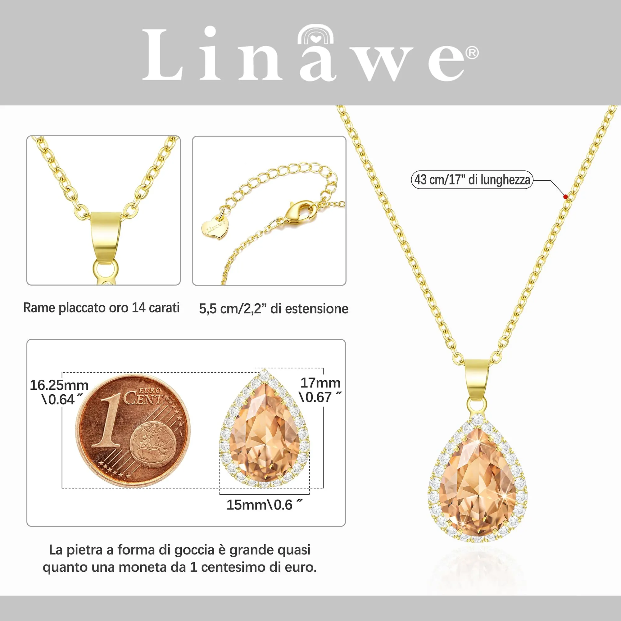 Linawe Collana in oro da donna con ciondolo in diamante champagne e topazio - immagine 2