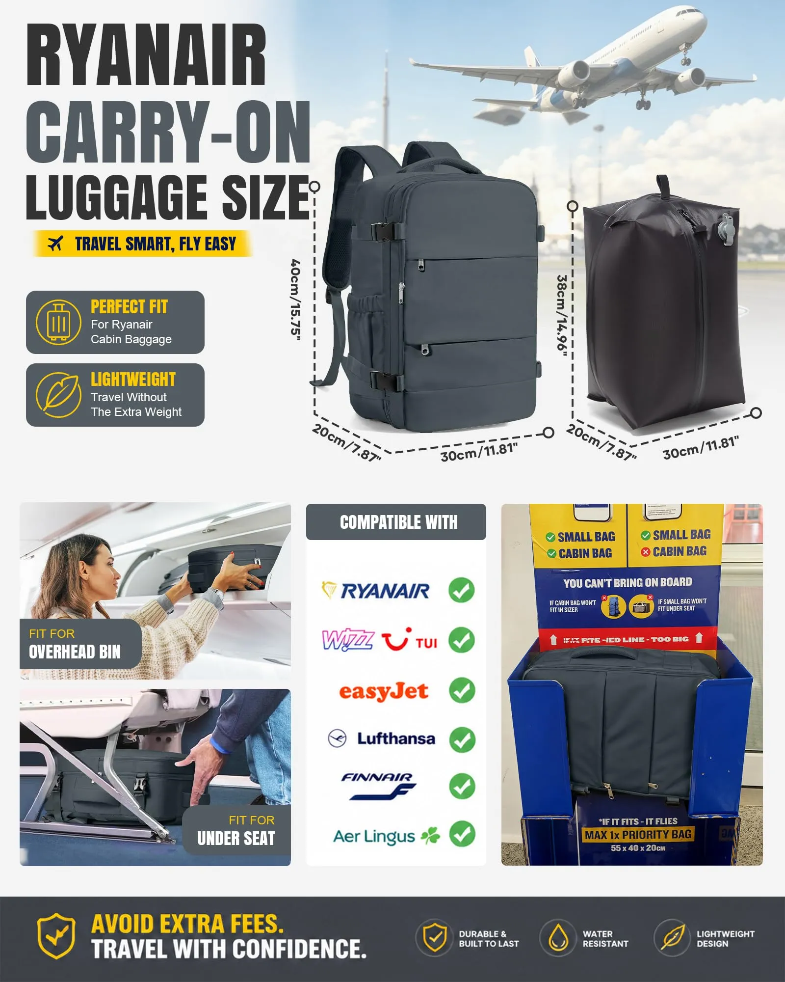 BJLFS Zaino da Viaggio Ryanair 40x30x20 Sottovuoto con Pompa Elettrica - immagine 3